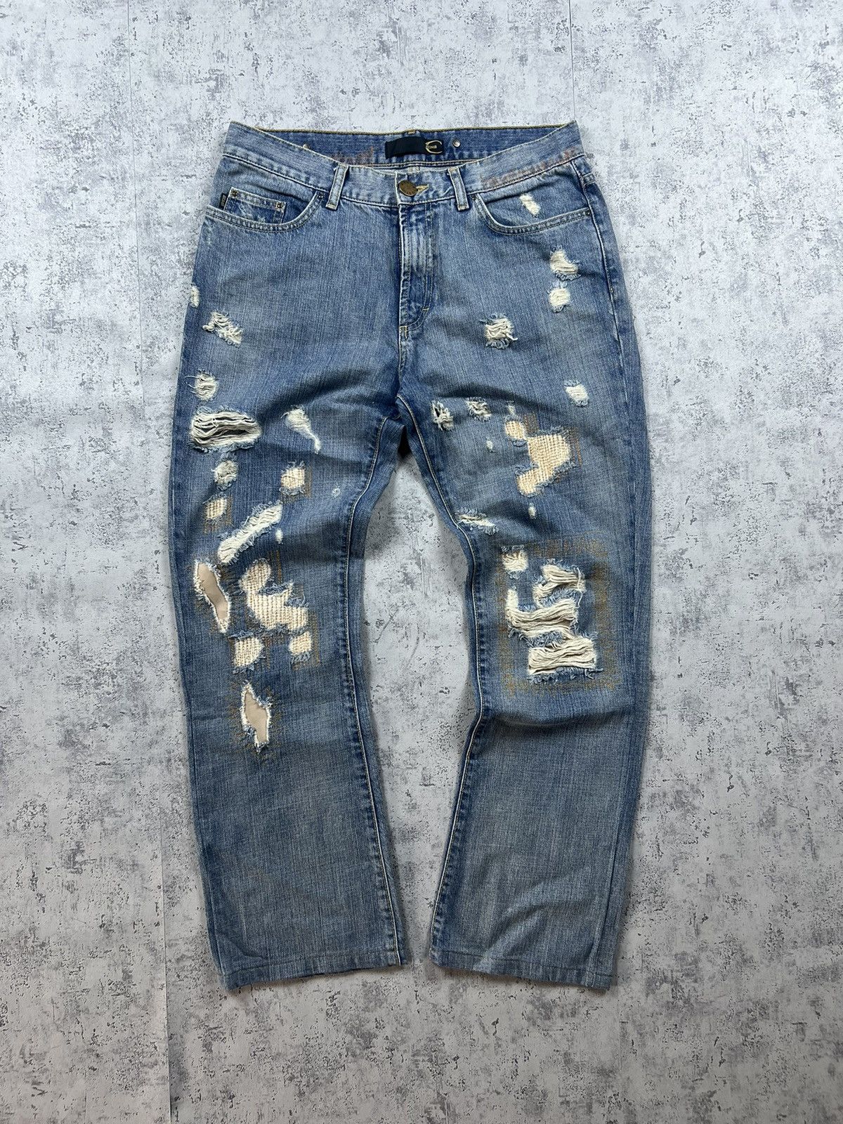 image of Avant Garde x Just Cavalli 00S Just Cavalli Vintage Y2K Glamour Retro Denim Pants in Blue (Size 34)