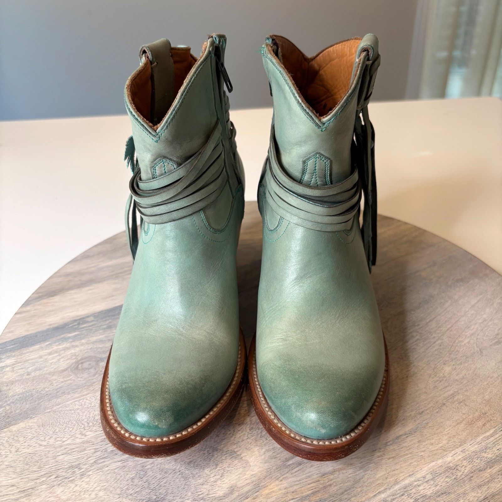 Lucchese Lucchese Green Leather Ankle Boots Feather Tassel Size 6.5 B Size US 6.5 / IT 36.5 - 4 Thumbnail