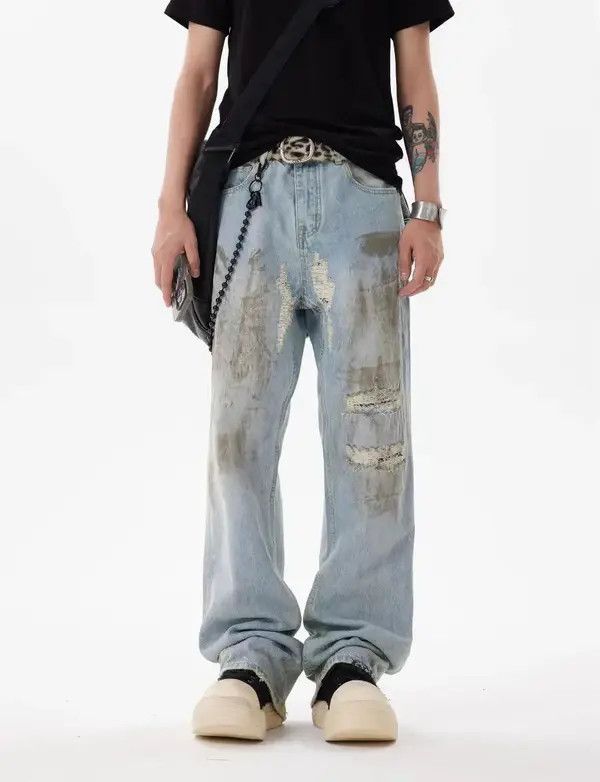 Japanese Brand VIBE Baggy Cashew Patch One Knee Ripped Dirty Jeans Size US 34 / EU 50 - 6 Thumbnail