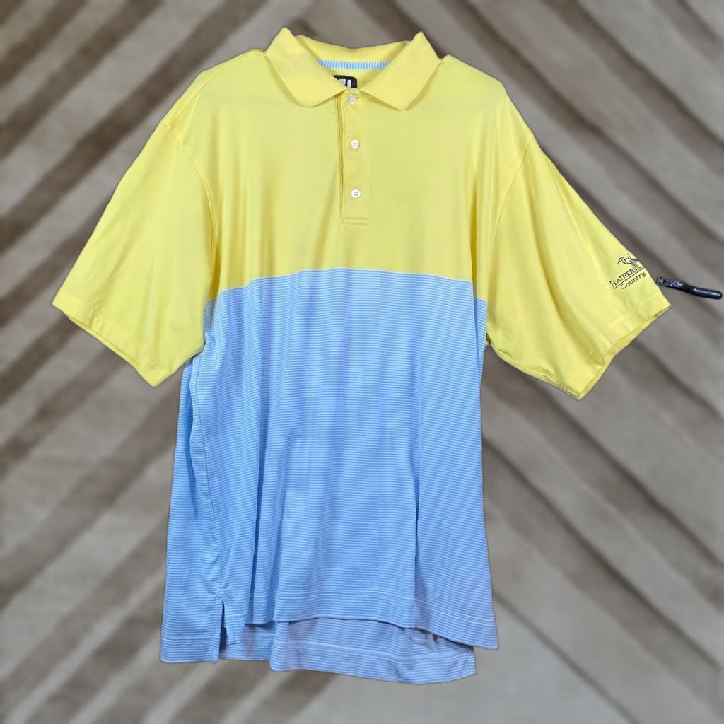 Footjoy FootJoy Shirt Yellow Blue Golf Polo Mens L Quick Dry Stretch Athleisure Casual Workwear 42 in Chest Colorblock Button-Down Short Sleeve Stateful Size US L / EU 52-54 / 3 - 1 Thumbnail