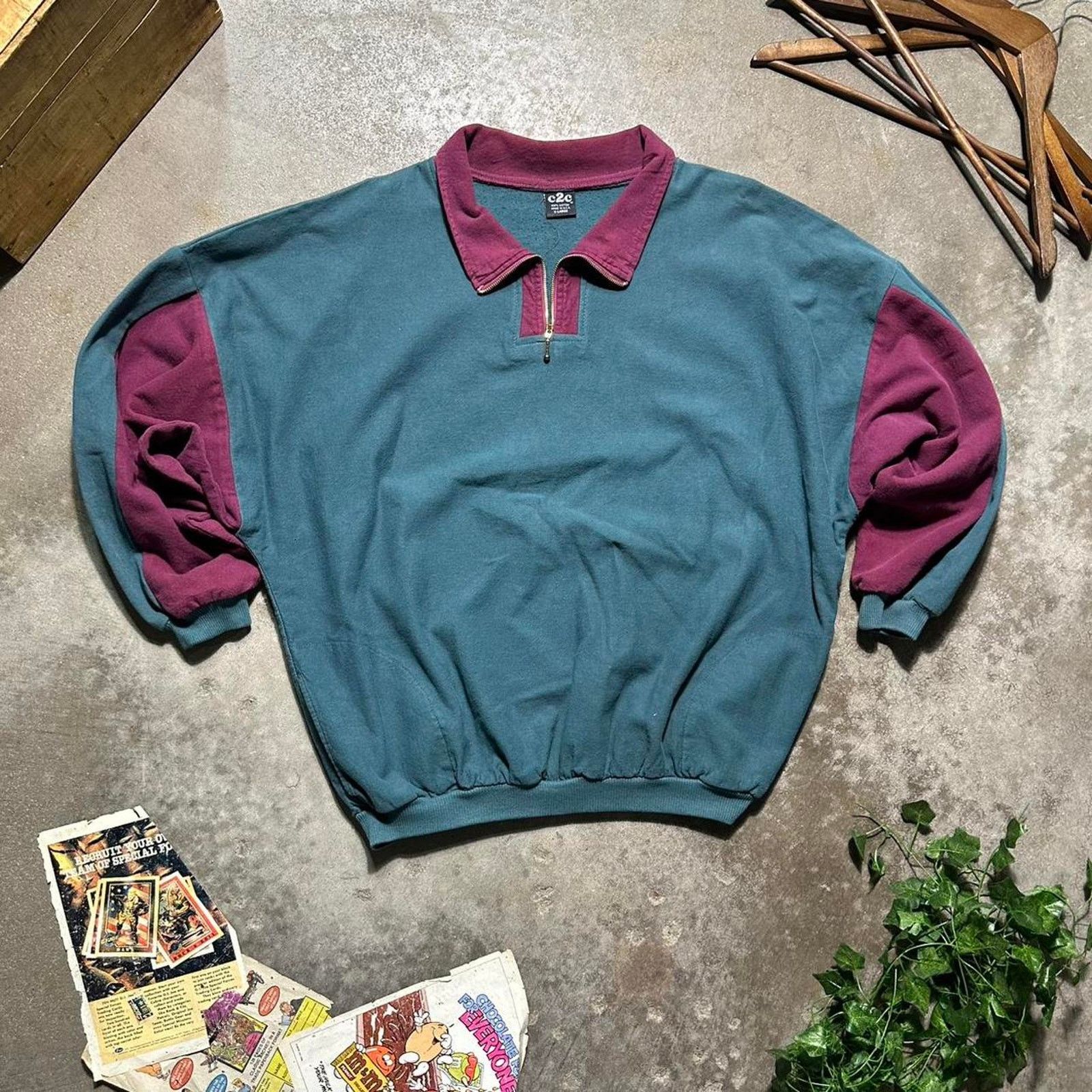 Gildan Vintage 90s Green and Purple Quarter Zip Sweatshirt USA Made Size US XL / EU 56 / 4 - 1 Thumbnail