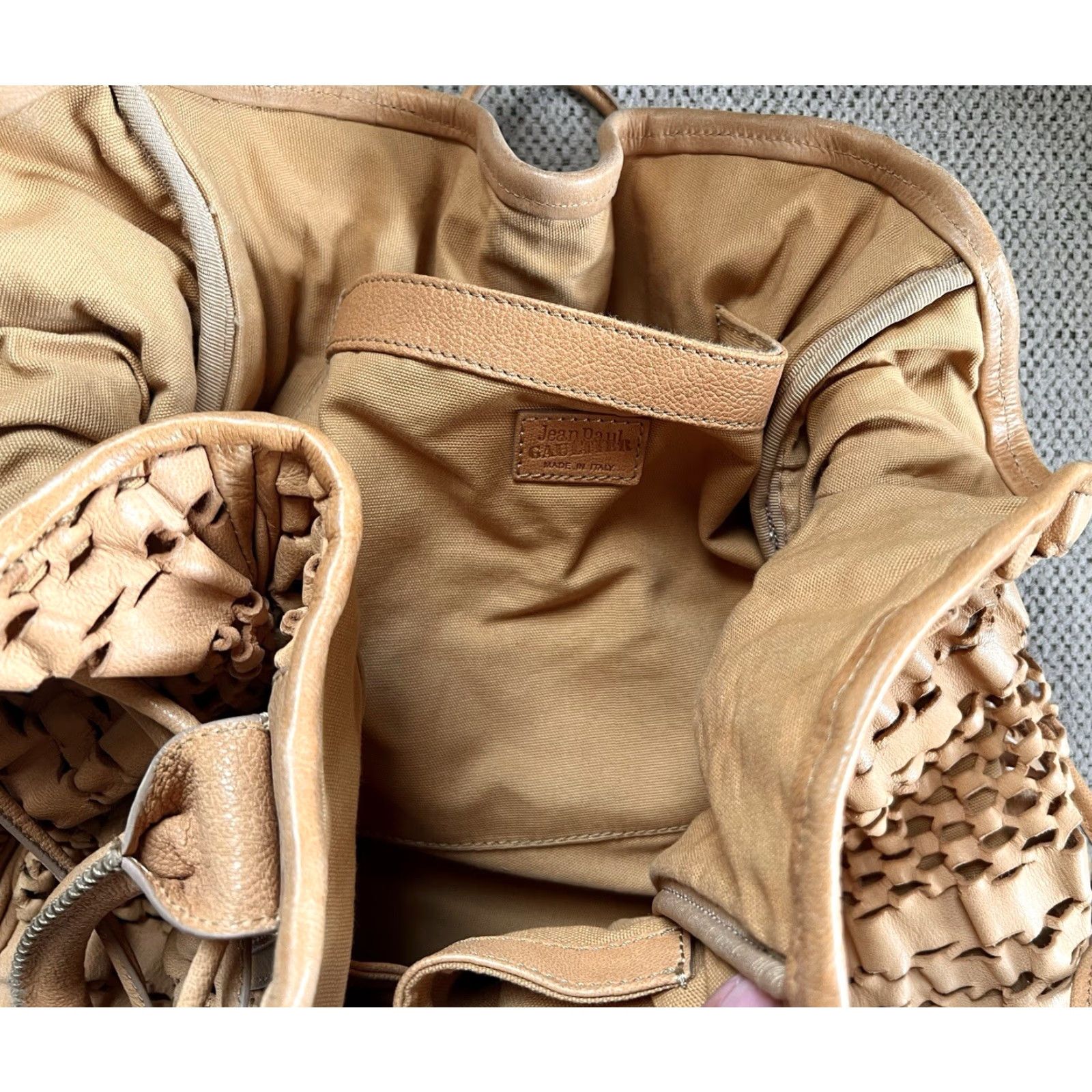 Jean Paul Gaultier NICE! Jean Paul Gaultier Tan Leather Netting Bucket Bag Shoulder Bag Women Large Beige Canvas Lining Bag Charm 14” tall 15” wide 5” deep 9” strap drop Size 36" / US 14 / IT 50 - 7 Thumbnail