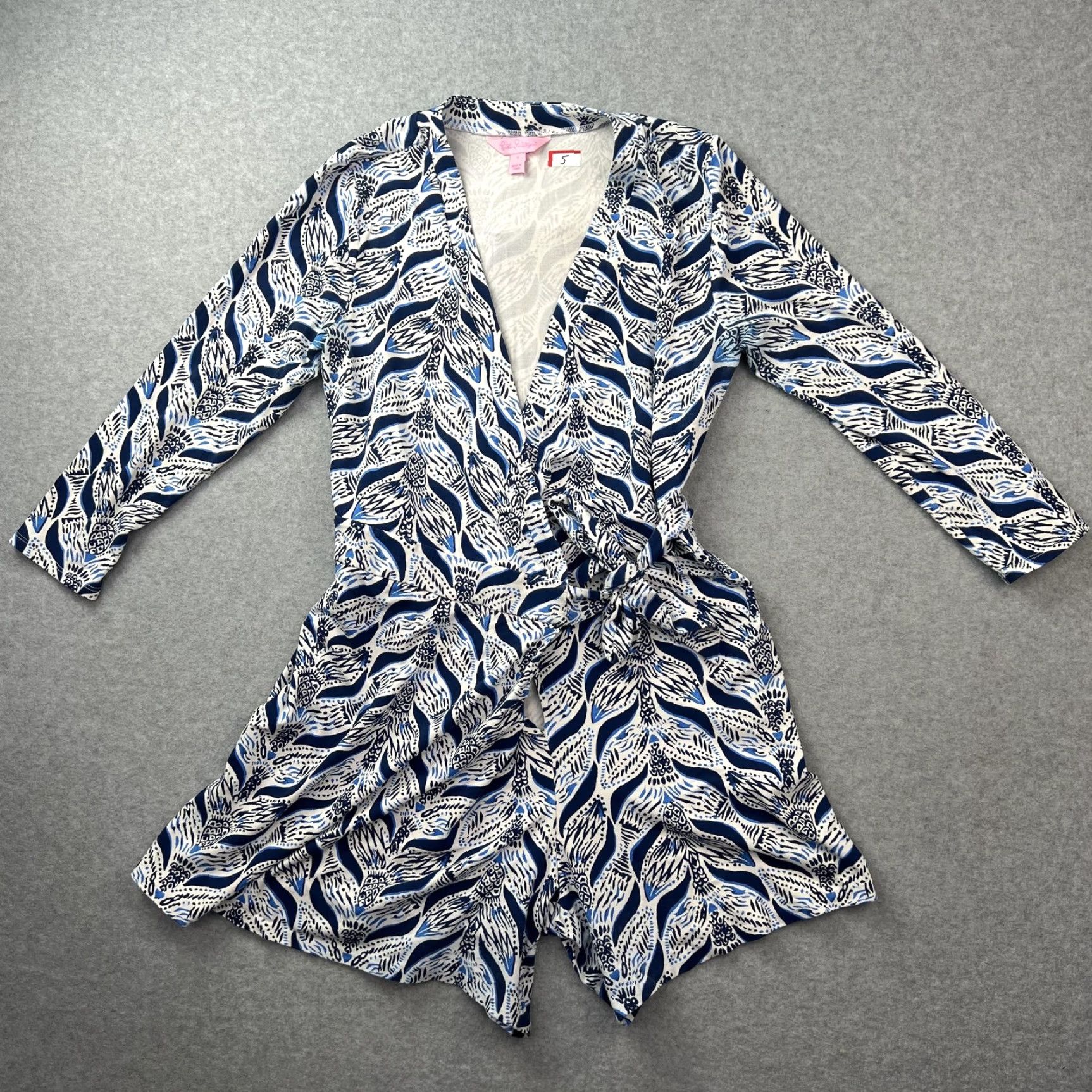 Lilly Pulitzer Lilly Pulitzer Romper Womens S Blue White Print Wrap Tie Waist Long Sleeve Size S / US 4 / IT 40 - 5 Thumbnail