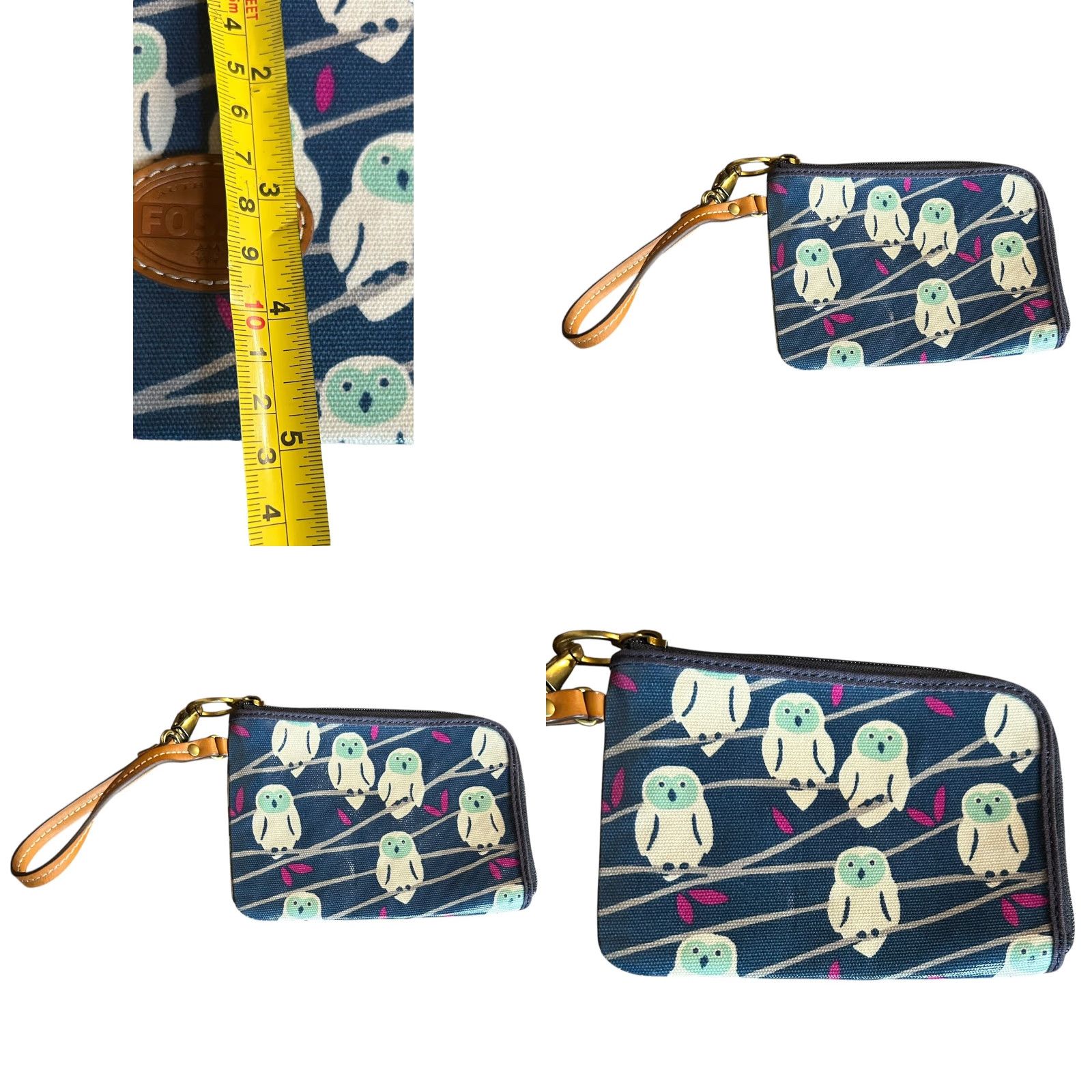 Fossil Fossil Wristlet Blue Owls Zip Around Cardholder Inside Pocket Strap Women Canvas Leather Size ONE SIZE - 8 Thumbnail