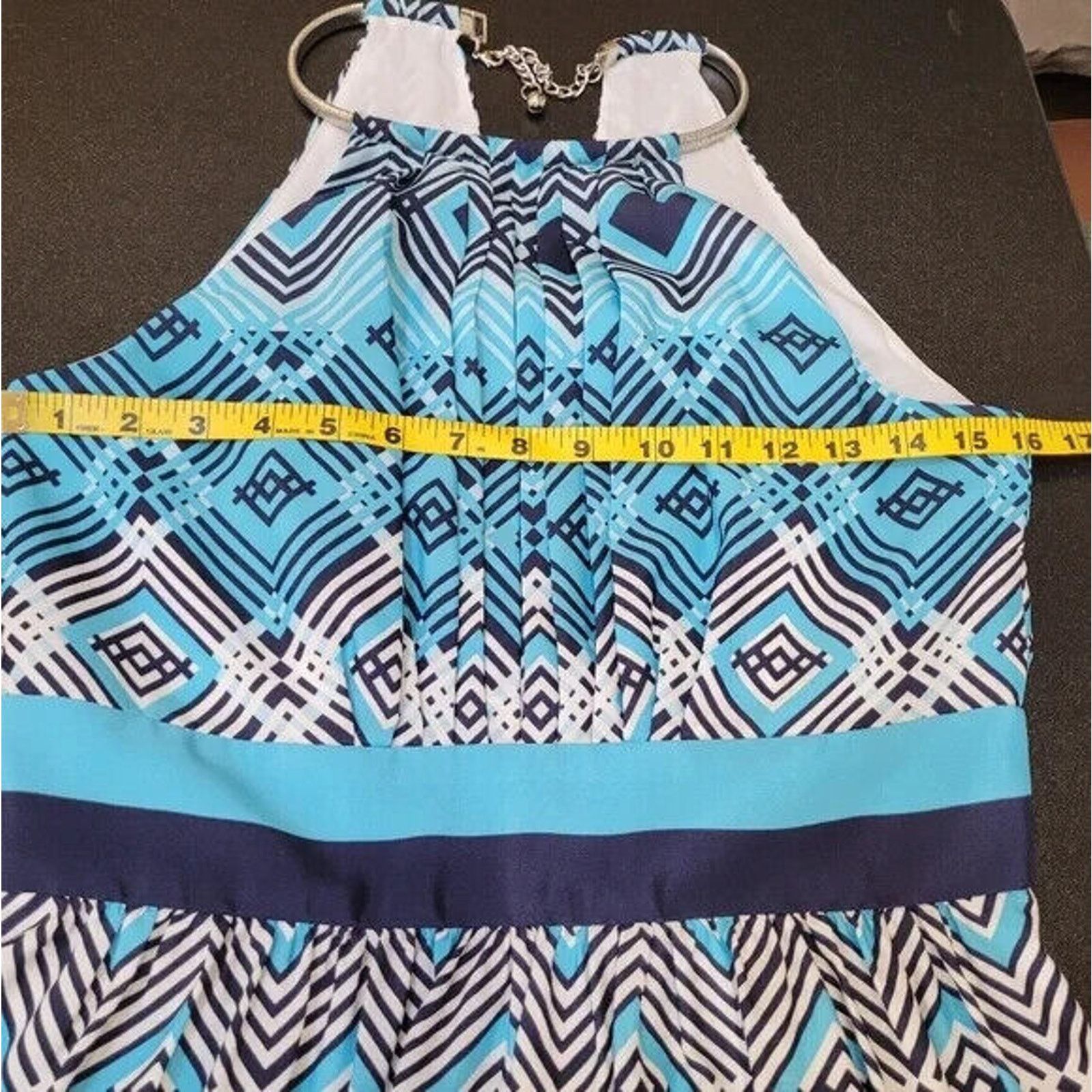 White House Black Market WHBM GEO PRINT BLUE SQUARES SILKY HALTER MAXI DRESS - SZ M Size M / US 6-8 / IT 42-44 - 8 Thumbnail