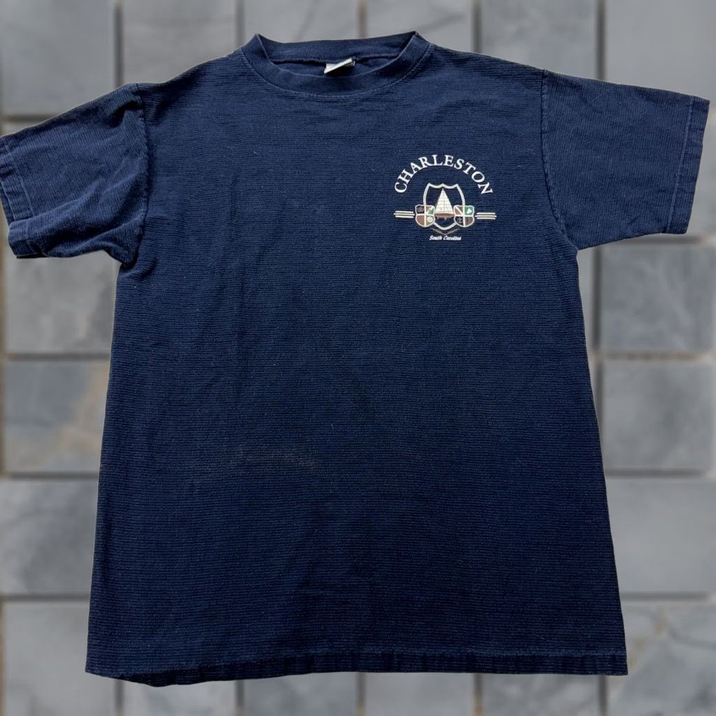 Vintage VINTAGE Cal Cru T-Shirt Navy Blue Ribbed Charleston South Carolina Embroidered Crest Short Sleeve Men M Regular Crew Neck USA 90s Coastal Navy Mens Size US M / EU 48-50 / 2 - 1 Thumbnail