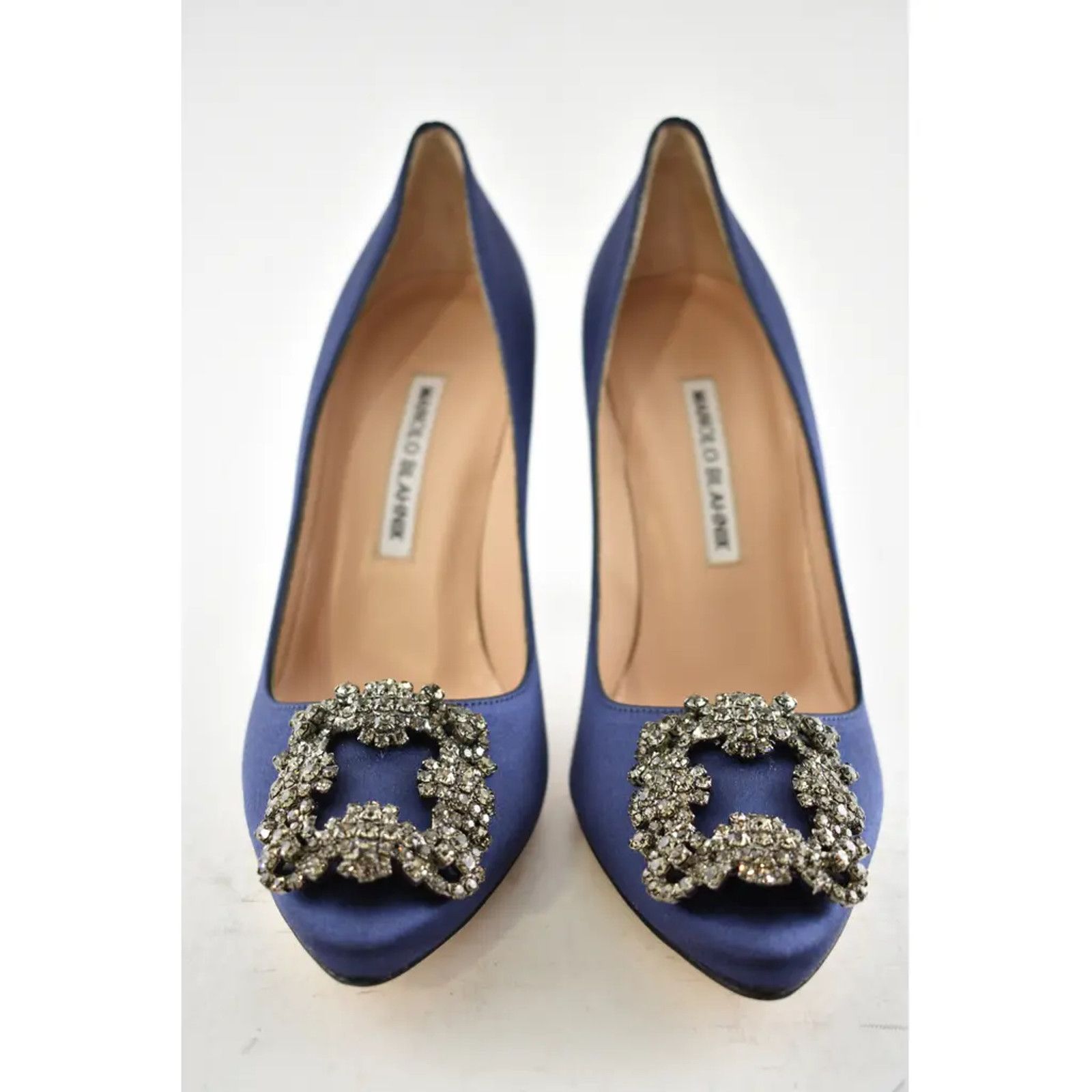 Manolo Blahnik Hangisi 105 Navy Satin Crystal Jewel Buckle Heel Pump 40 Size US 10 / IT 40 - 5 Thumbnail