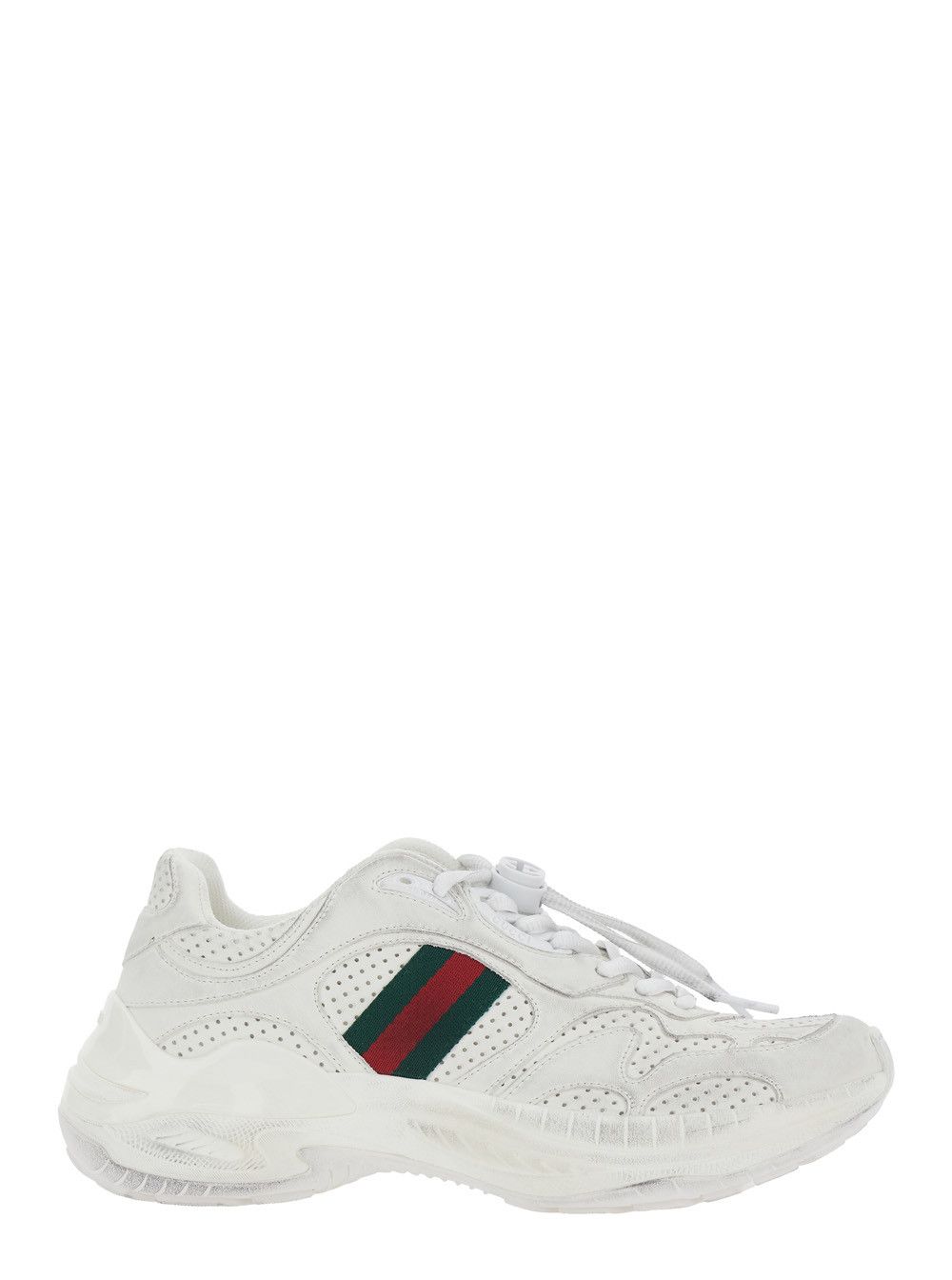 Gucci White Low Top Sneaker with Perforated Design and Web Detail on the Side in Leather for Women Size US 8 / IT 38 - 1 Thumbnail