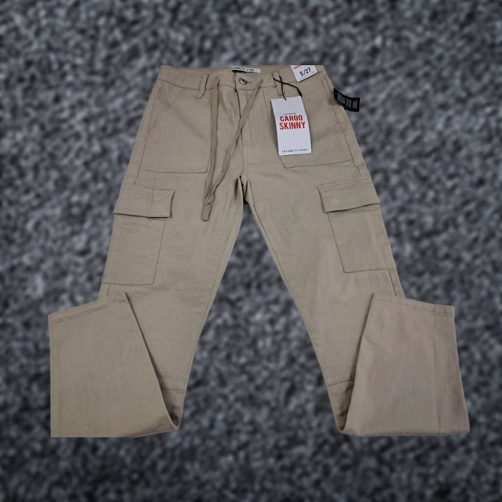 Vintage Celebrity Pink Womens Hi Rise Skinny Cargo Pant Beige 5/27 Size 5 Inseam 27 Denim Cotton Spandex Cargo Pocket Logo Zipper Button Slim Fit Size 27" / US 4 / IT 40 - 1 Thumbnail