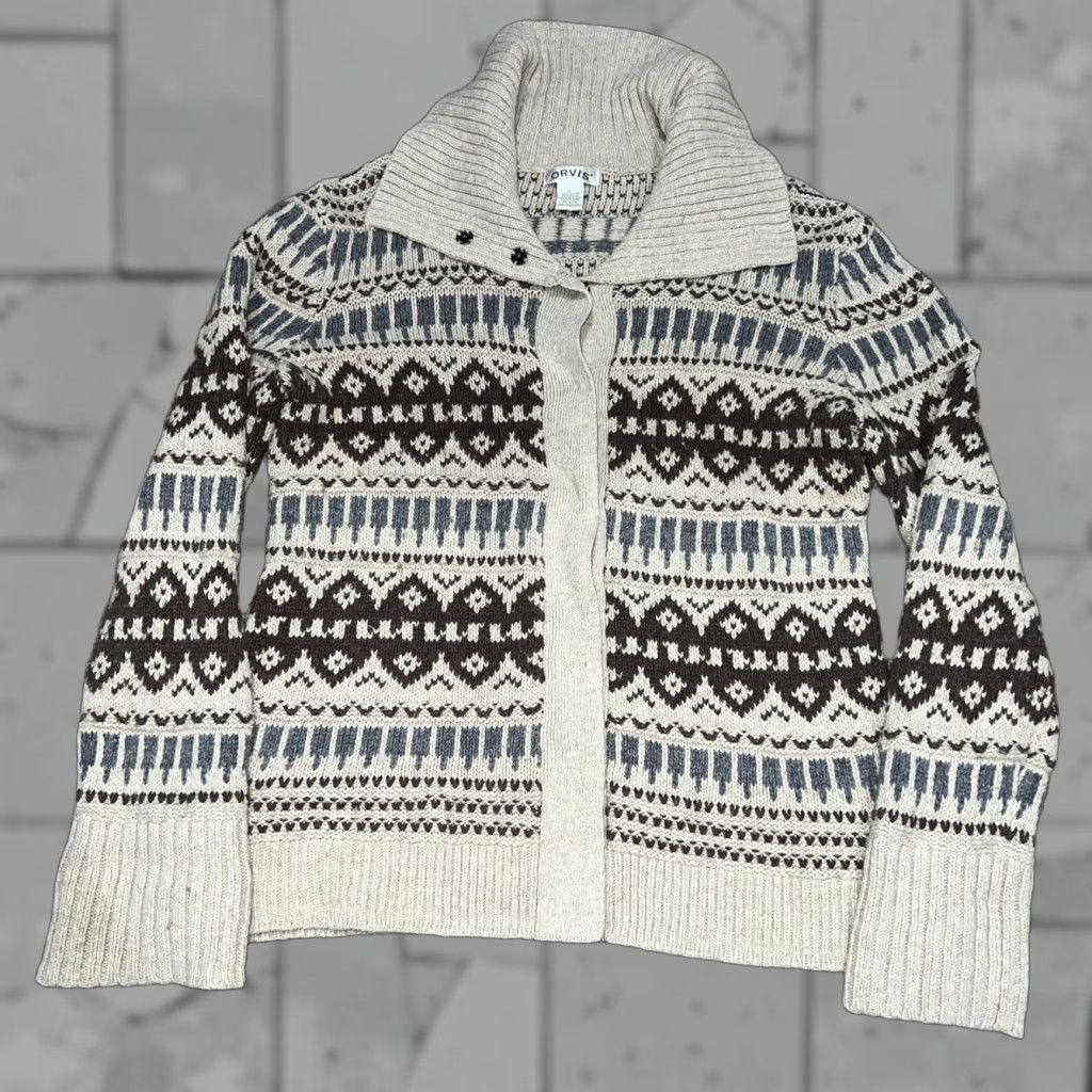 Orvis ORVIS Geometric Cardigan Sweater Beige Womens Size L Size L / US 10 / IT 46 - 1 Thumbnail