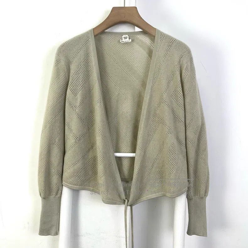 Hermes Gray cross-laced hollowed-out knitted top