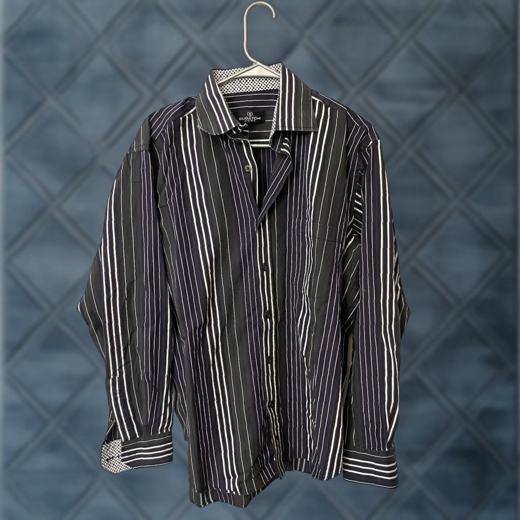 BUGATCHI Bugatchi Uomo Button Front Shirt Mens L Black Striped Knit Cotton Button-Up Shirt Regular Fit Collar-Down Button Long Sleeve Vintage No Size US L / EU 52-54 / 3 - 1 Thumbnail