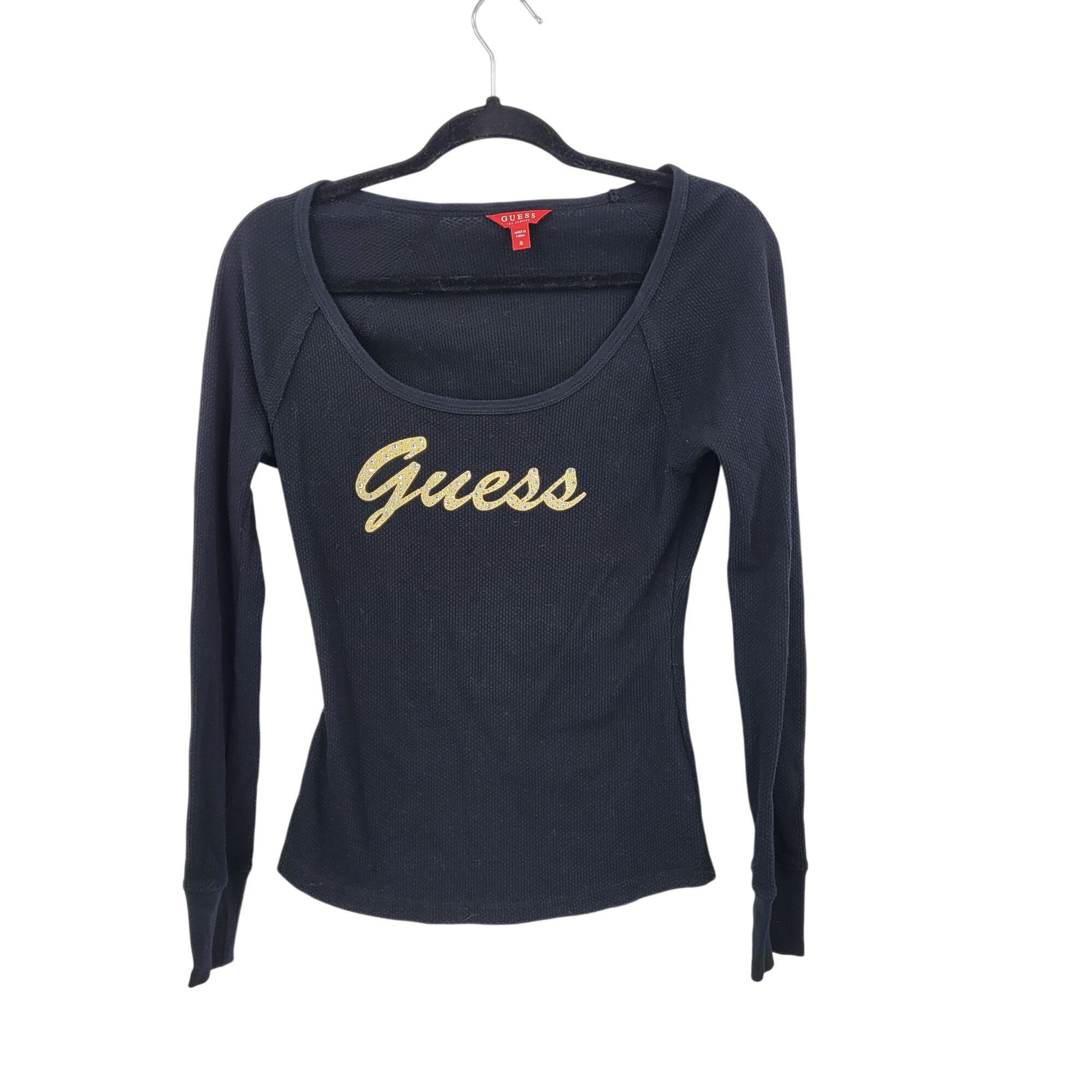 Guess Y2K Guess Black Long-Sleeve Thermal Knit Top Womens Sz M Gol Size M / US 6-8 / IT 42-44 - 1 Thumbnail