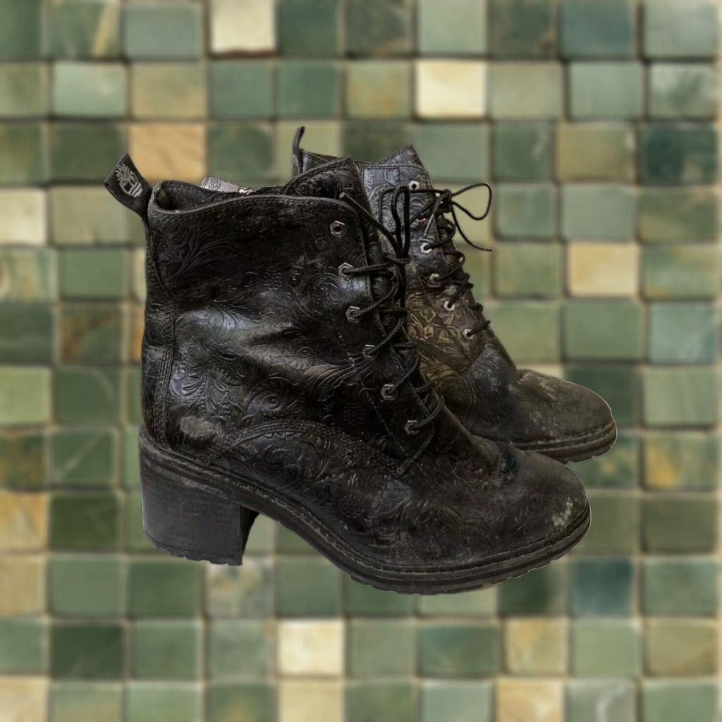 Vintage Timberland Women's Black Floral Leather Combat Boots Block Heel Shoes Size 10