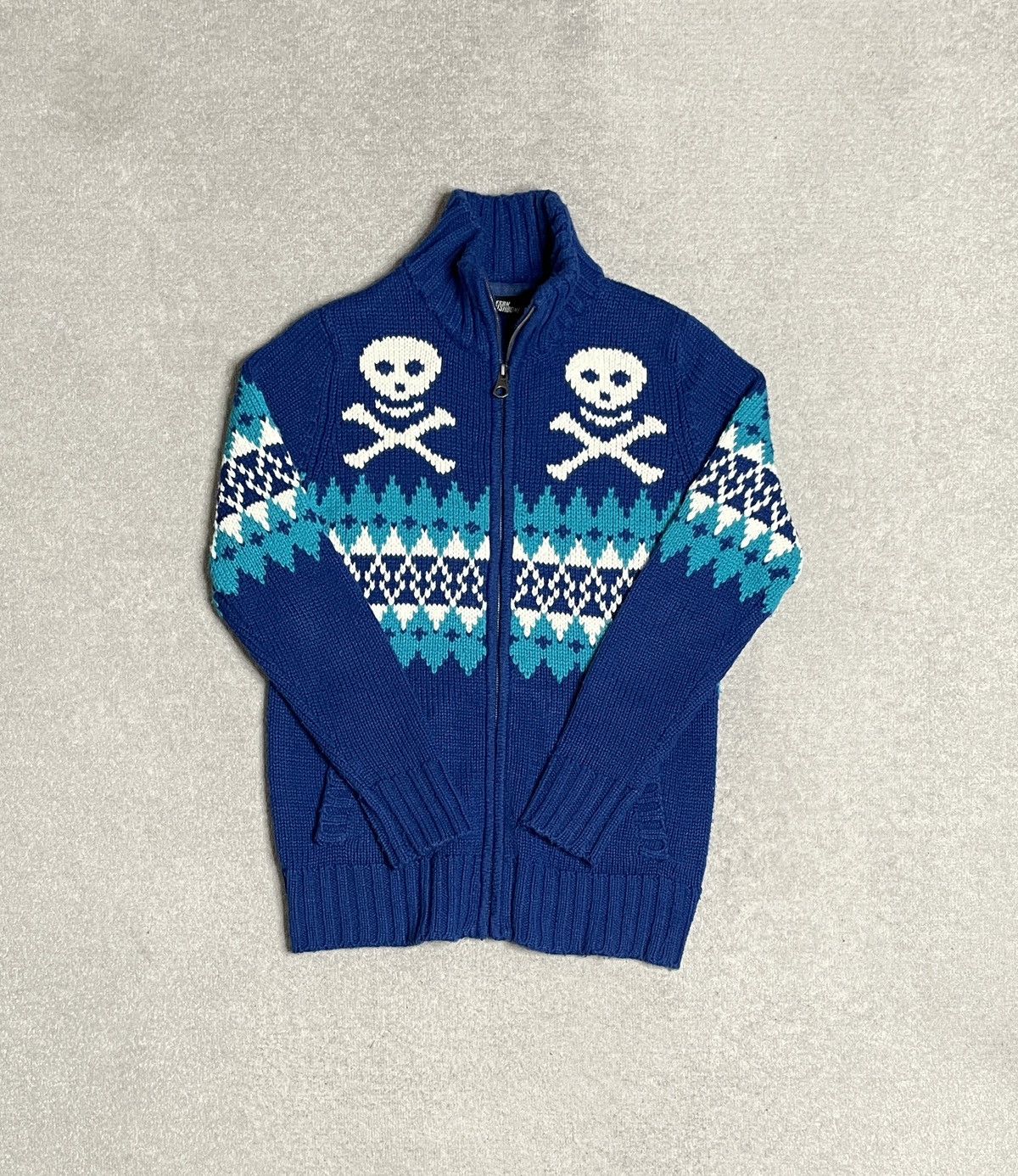 Vintage Vintage Blue Figured Knitwear Jumper Sweater Zip Skulls Size US M / EU 48-50 / 2 - 1 Thumbnail