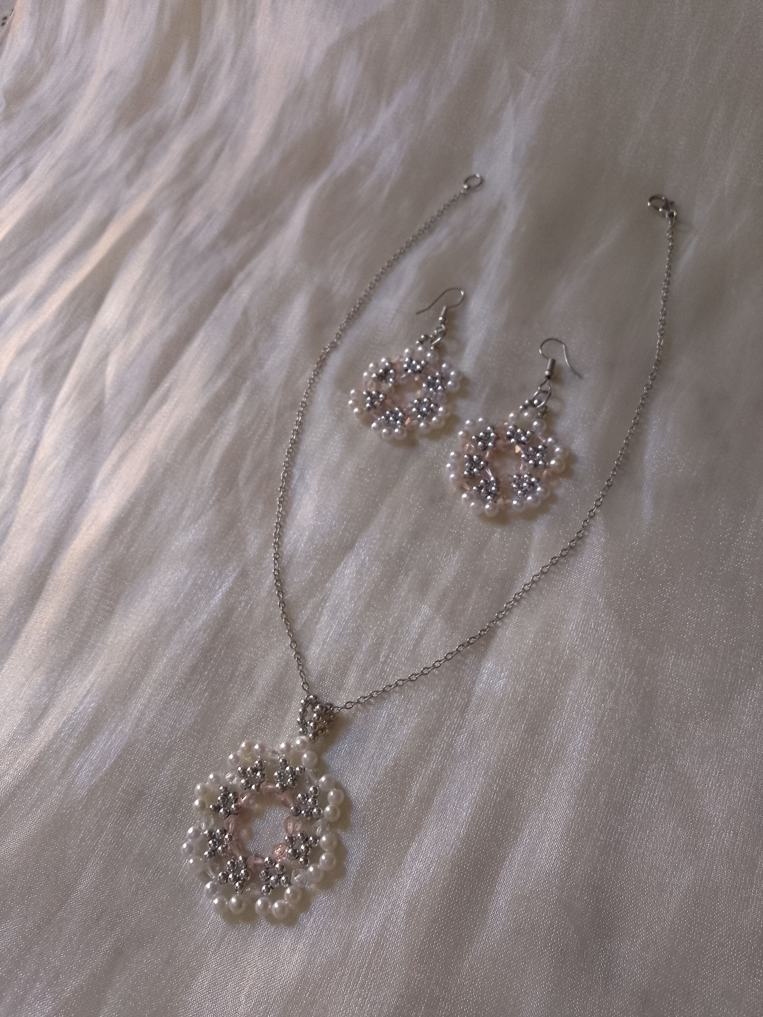 Handmade Necklace Beaded Flower Pendant Earrings Crystal Pearls Size ONE SIZE - 1 Thumbnail