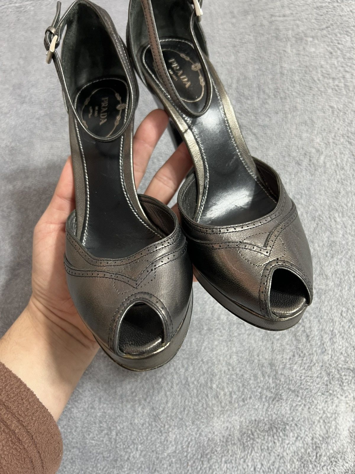Prada Prada Metallic Leather Peep Toe Platform Heels Ankle Strap Size US 6 / IT 36 - 4 Thumbnail
