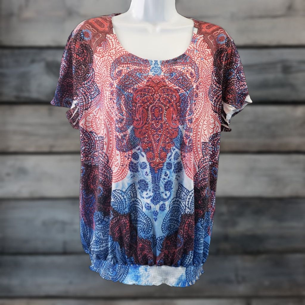 Vintage Chico's Womens Top XL Red Blue Paisley Embellished Smocked Waist Scoop Neck Blouse Shirt Womens, XL, Red, Paisley, Short Sleeve Size XL / US 12-14 / IT 48-50 - 1 Thumbnail