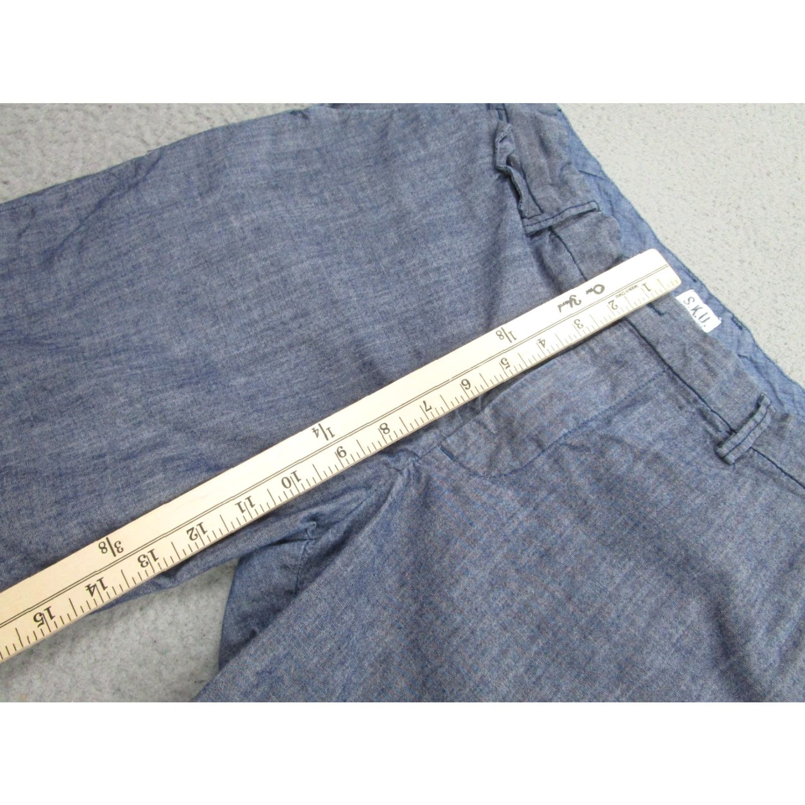 Vintage S.K.U. Mens Shorts 32 Blue Chambray 100% Cotton Flat Front Casual Made USA - Denim Chino Inseam 8" Front Zip Fly Pockets Above-Knee Mens Size US 32 / EU 48 - 5 Thumbnail
