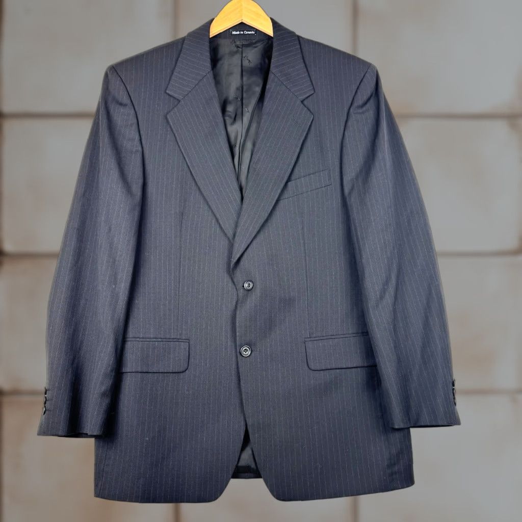 Yves Saint Laurent VINTAGE Saint Laurent YSL Mens Blazer Coat Wool 2 Piece Notch Lapel Black Pinstripe 44L Long Jacket Size 44R - 1 Thumbnail