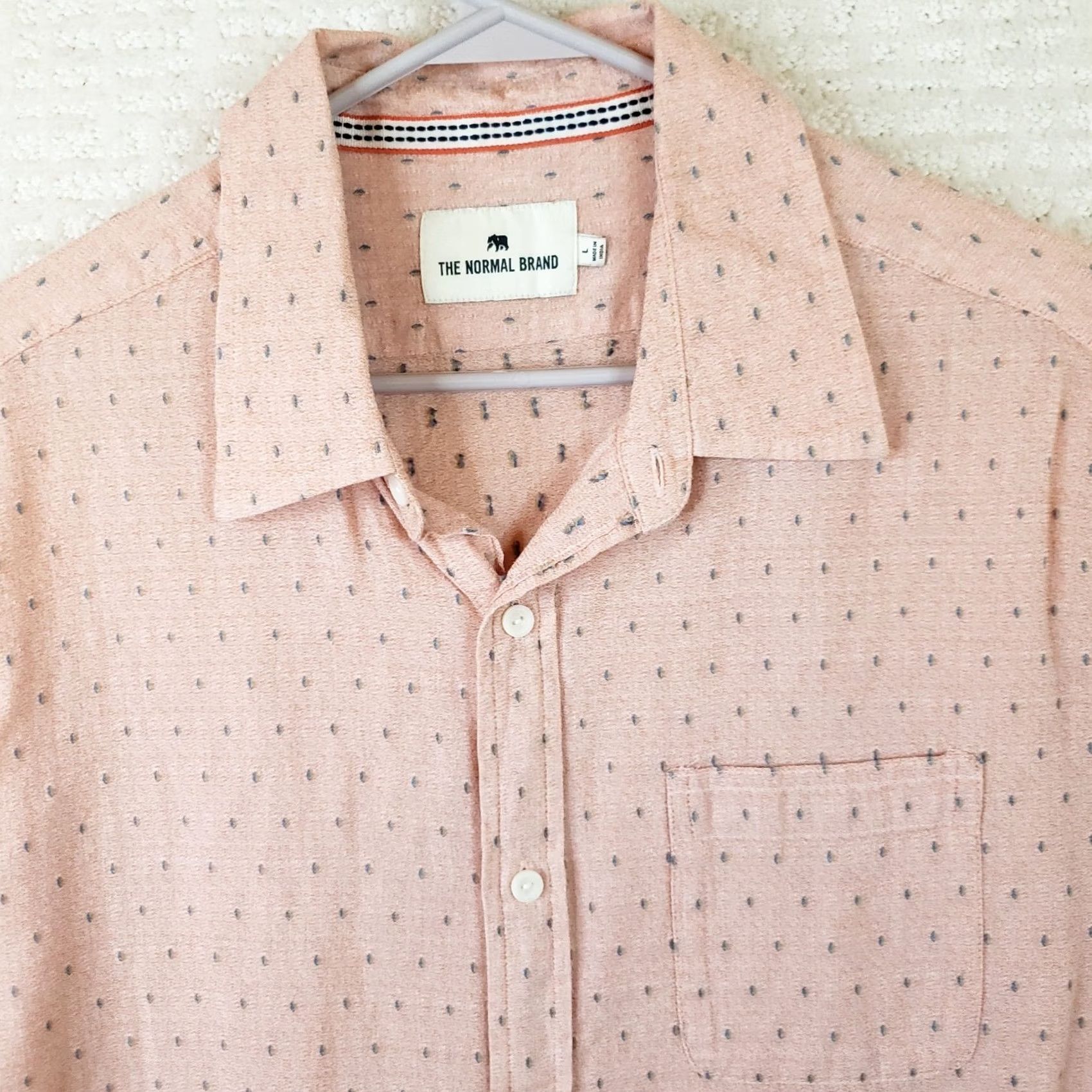 J Brand The Normal Brand Men's L Peach Pink Geometric Short Sleeve Button Up Cotton Shirt Size US L / EU 52-54 / 3 - 3 Thumbnail