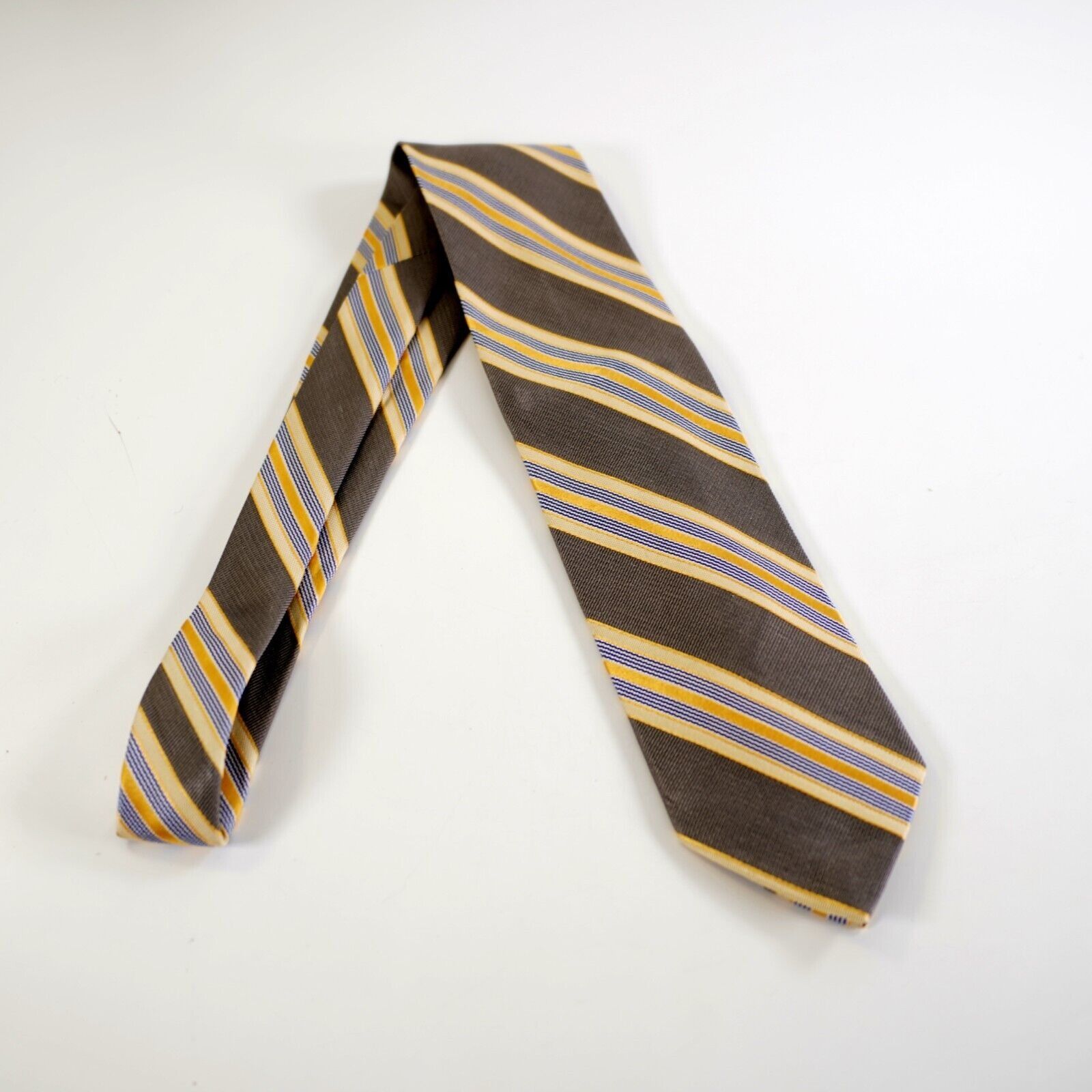 Paul Fredrick Paul Fredrick Gray Yellow Blue Striped Woven Cotton Silk Tie Size ONE SIZE - 6 Thumbnail