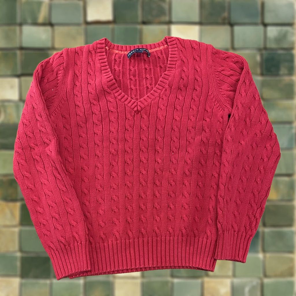 Tommy Hilfiger VINTAGE Tommy Hilfiger V Neck Cable Knit Sweater Large Red Mens? Size L / US 10 / IT 46 - 1 Thumbnail