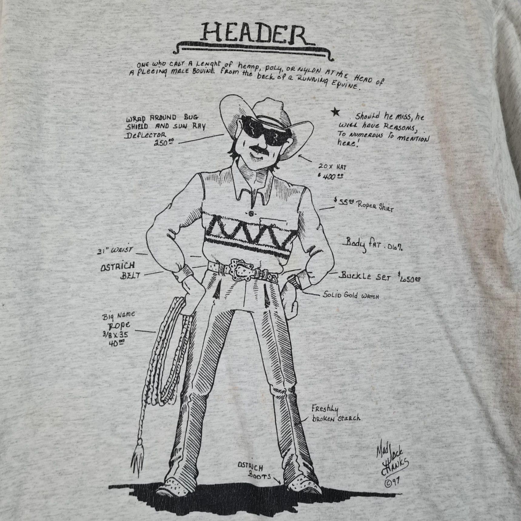 Vintage VINTAGE Mad Jack Hanks Shirt Mens Small Gray Graphic Print Double-Sided Crew Neck Cowboy Rodeo Humor Striped Heather Size US S / EU 44-46 / 1 - 2 Thumbnail