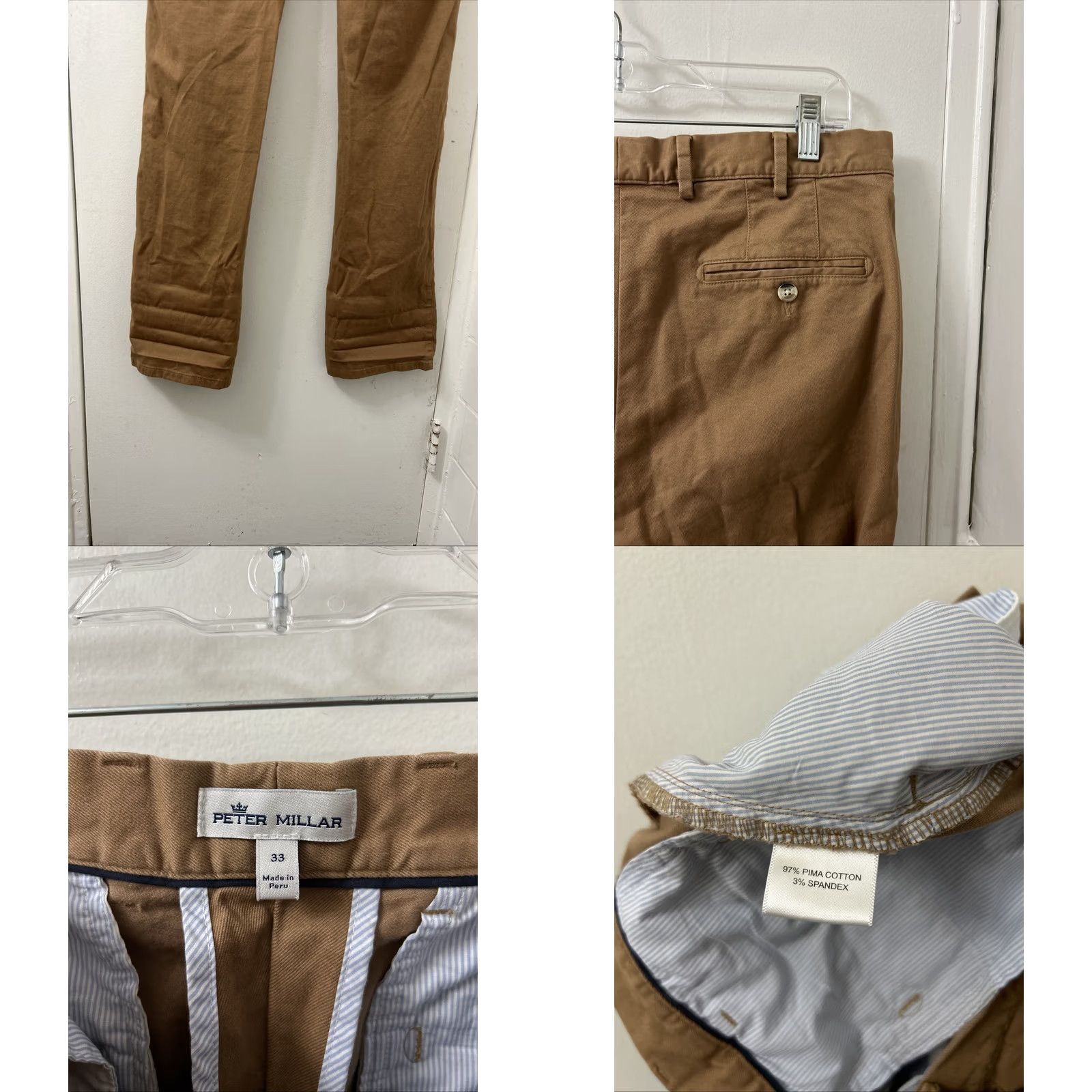 Peter Millar Peter Millar Pants Mens 33x36 Chino Brown Pima Cotton Spandex Flat Front Tapered YKK Pockets Size US 33 - 8 Thumbnail