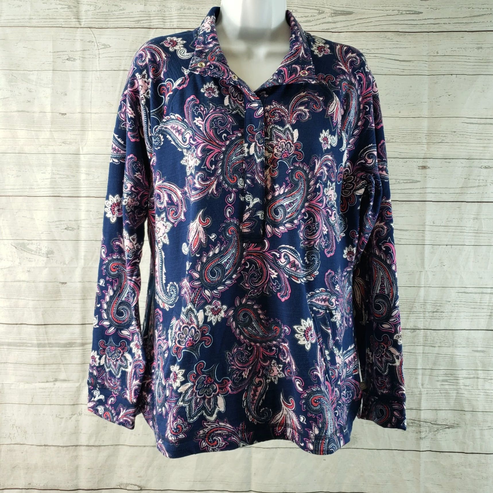 Talbots T by Talbots Pullover Womens M Blue Pink Paisley UPF 50 Cotton Blend Shirt Adult Medium Blues Size M / US 6-8 / IT 42-44 - 2 Thumbnail