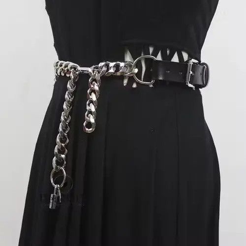Other PU Leather Black Thick Metal Chain Long Wide Belt Size ONE SIZE - 2 Thumbnail