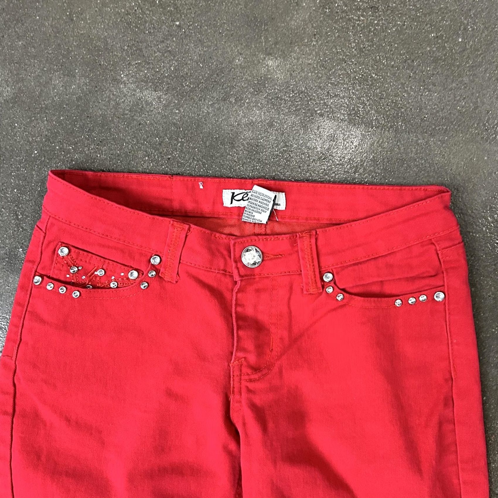 Denime Y2K Klip Jeans Womens 9 Red Mid Rise Skinny Stretch Denim Rhinestone Embroidered Embellished Size 30" / US 8 / IT 44 - 2 Thumbnail