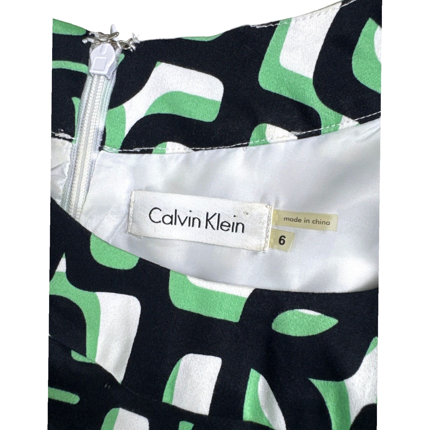 Calvin Klein Calvin Klein Geometric Dress Belted Fit & Flare Sleeveless Knee Length Women's 6 Green Black White Casual Party/Cocktail Size M / US 6-8 / IT 42-44 - 5 Thumbnail