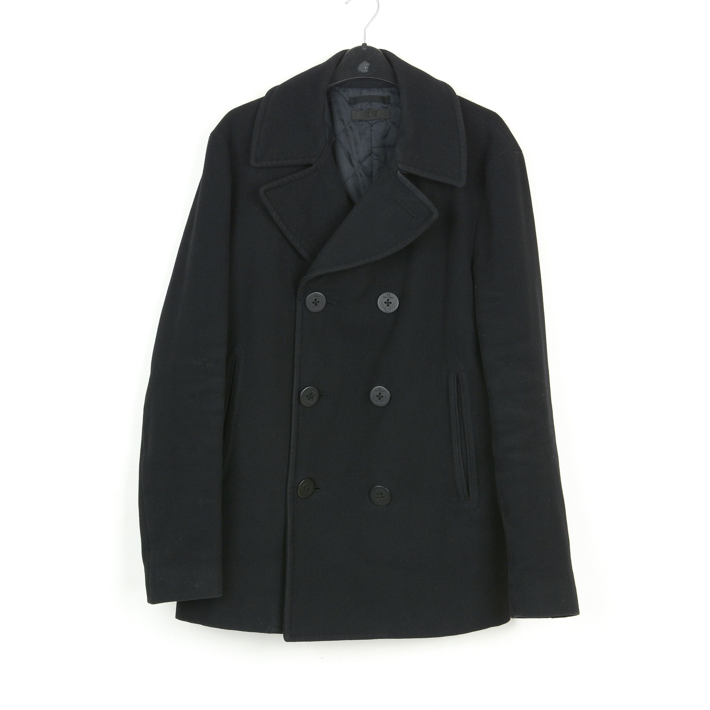 image of Uniqlo Men M Wool Double Breasted Anchor Buttons Jacket Pea Coat in Black (Size Medium)