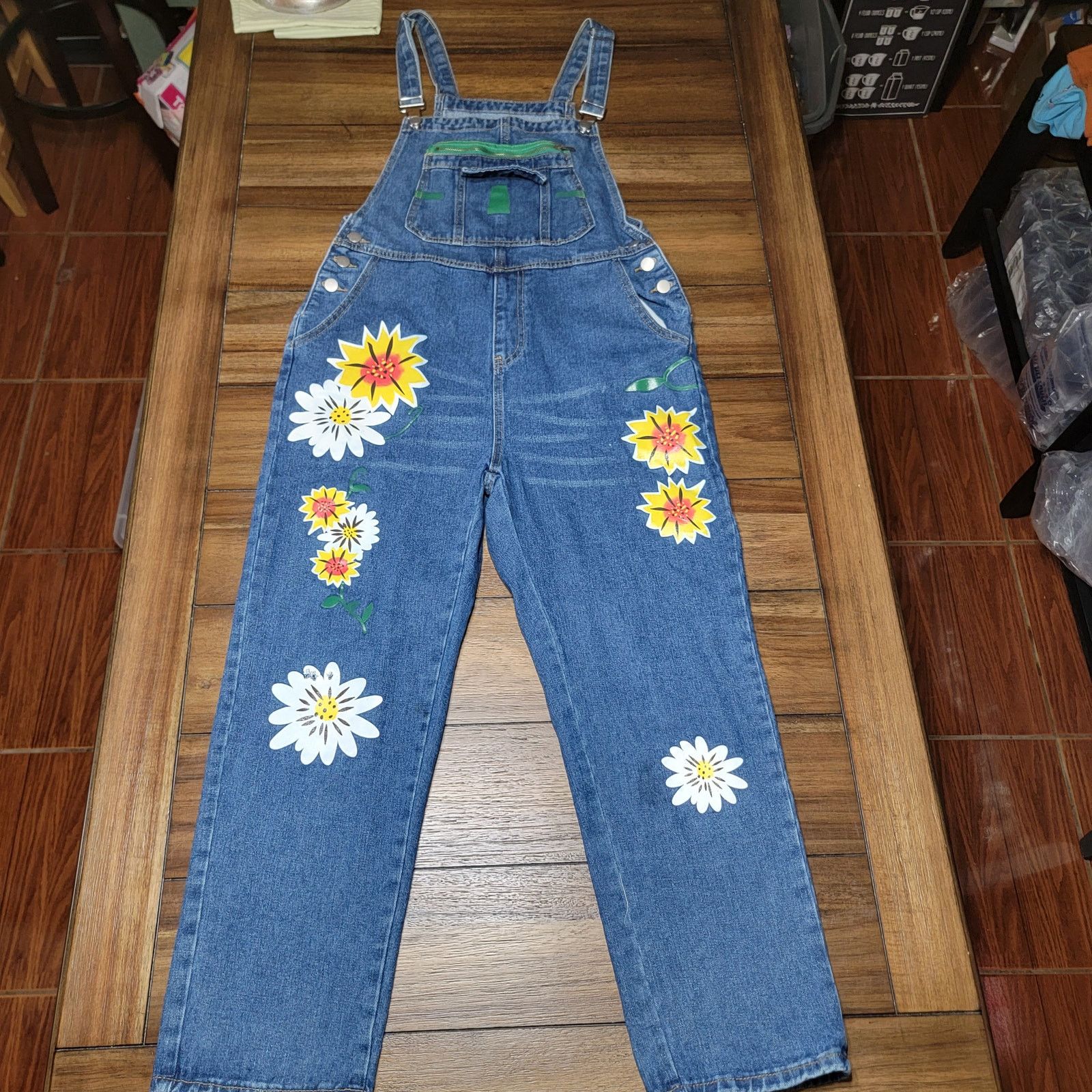 Other Denim Overalls w/ Printed Painted Boho Flowers - Size Medium Size 34" / US 12 / IT 48 - 1 Thumbnail