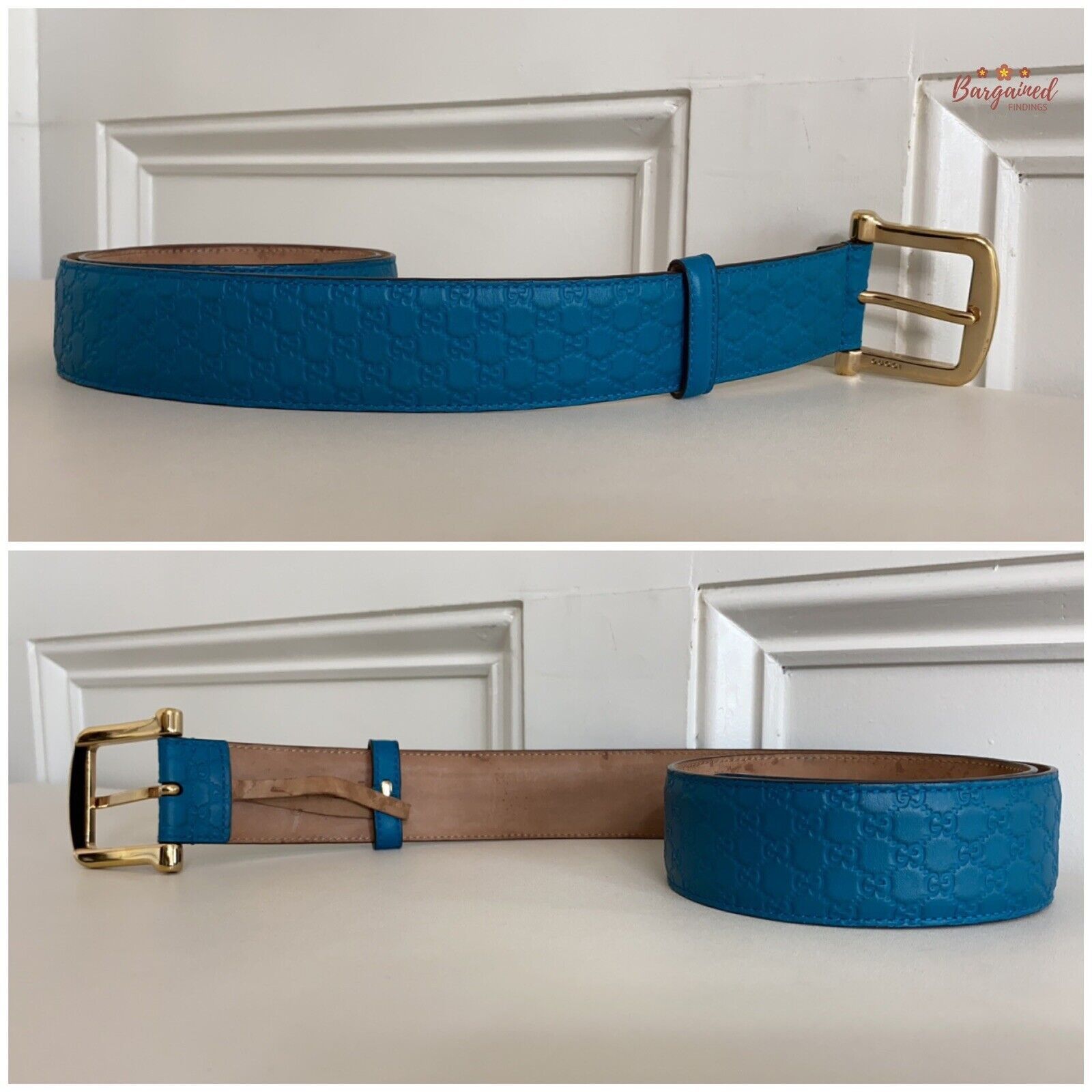 Gucci GUCCI Teal Blue Microguccissima Leather Gold Buckle Belt Size 28 - 3 Thumbnail