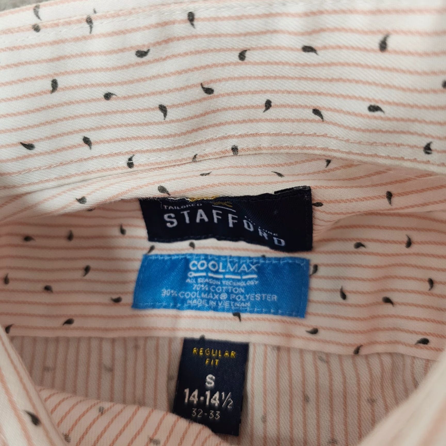 Stafford Stafford Dress Shirt Mens Small 14.5 32/33 Geometric Travel Button Up Beige Cotton Blend Non-Iron Regular Cuff Mens Shirt Size 36R - 3 Thumbnail