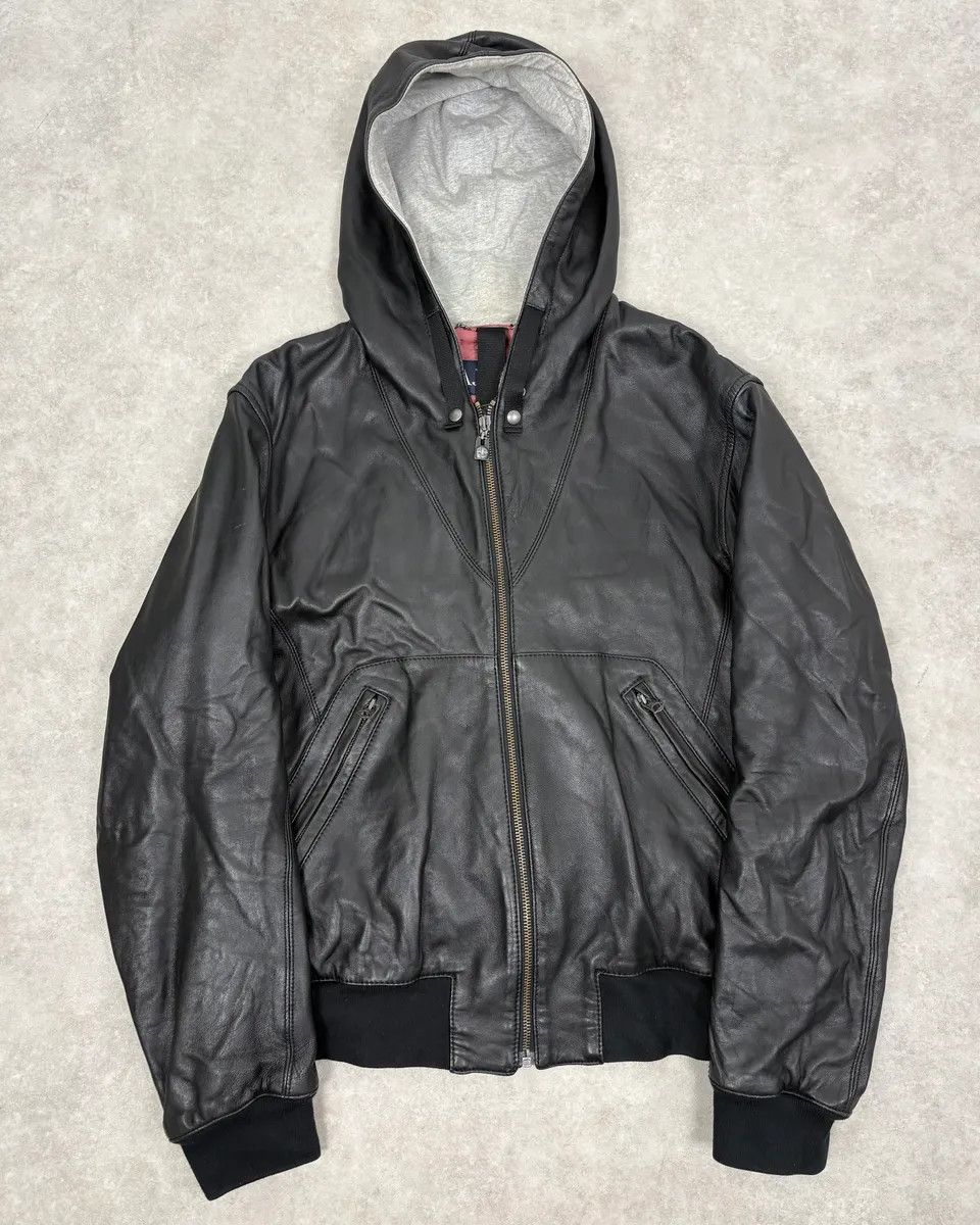 Armani 2000s Armani Black Hooded Bomber Leather Jacket Size US M / EU 48-50 / 2 - 1 Thumbnail
