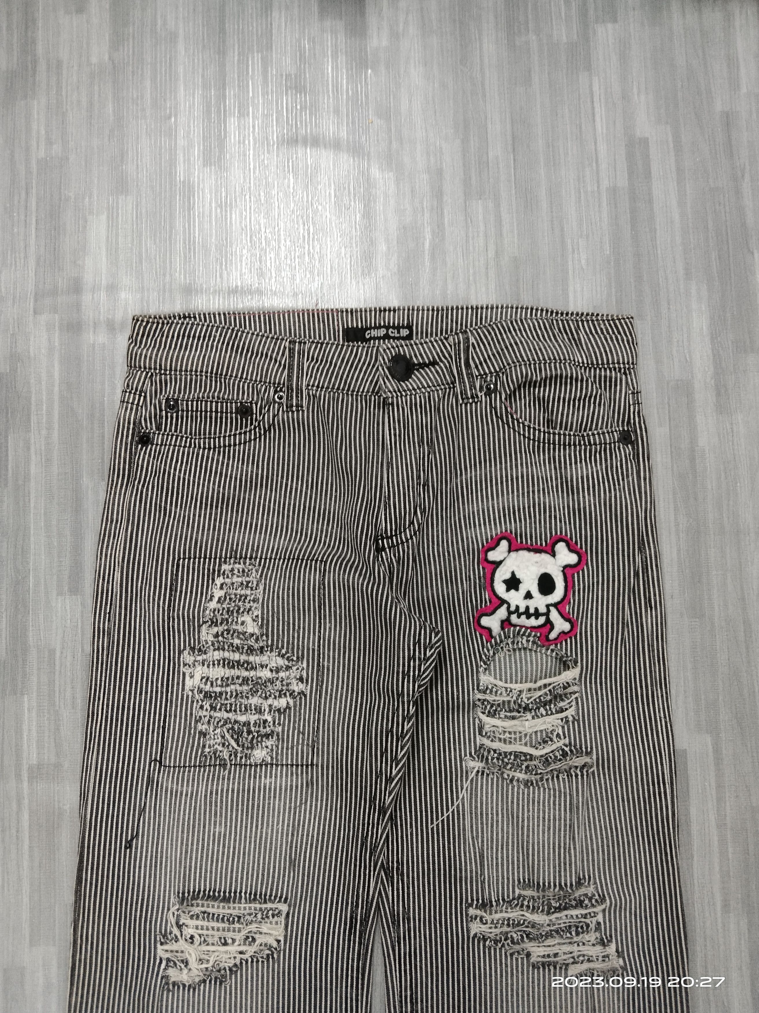 Japanese Brand SICK RIPED HICKORY STRIPE SKULL PACTHWORK Size US 31 - 4 Thumbnail