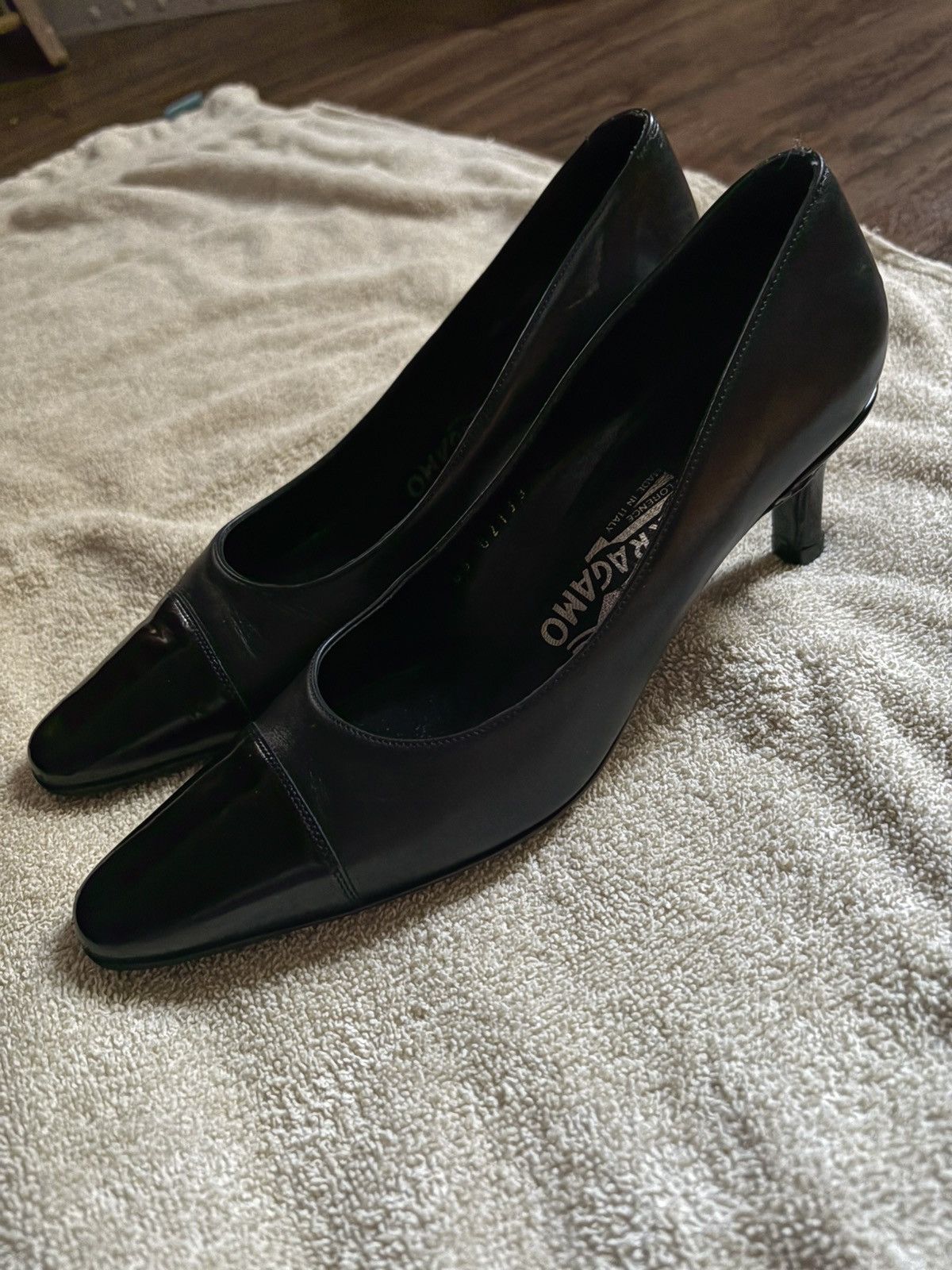 Salvatore Ferragamo 90s black leather heels with patent leather toe cap Size US 4.5 / IT 34.5 - 1 Thumbnail