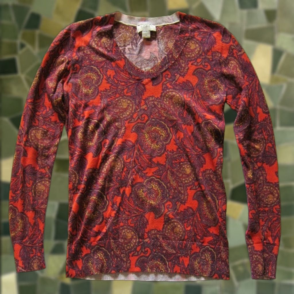 Ann Taylor VINTAGE Ann Taylor Cotton Orange Paisley Lightweight Long Sleeve Pullover Sweater XS Size XS / US 0-2 / IT 36-38 - 1 Thumbnail