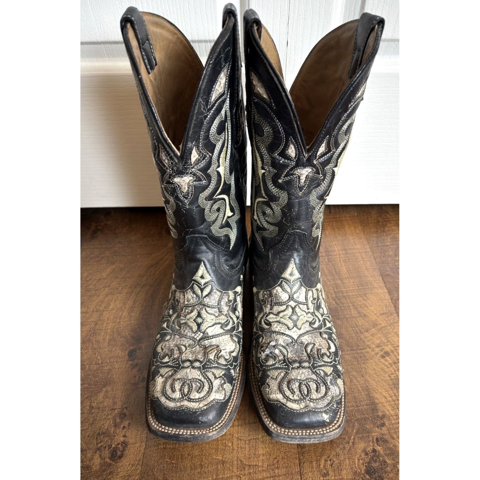 Skin Corral Exotic Python Skin Inlay Western Boot Square Toe Black US 8.5D Mens Leather western Cowboy Boot Size US 9 / EU 42 - 4 Thumbnail