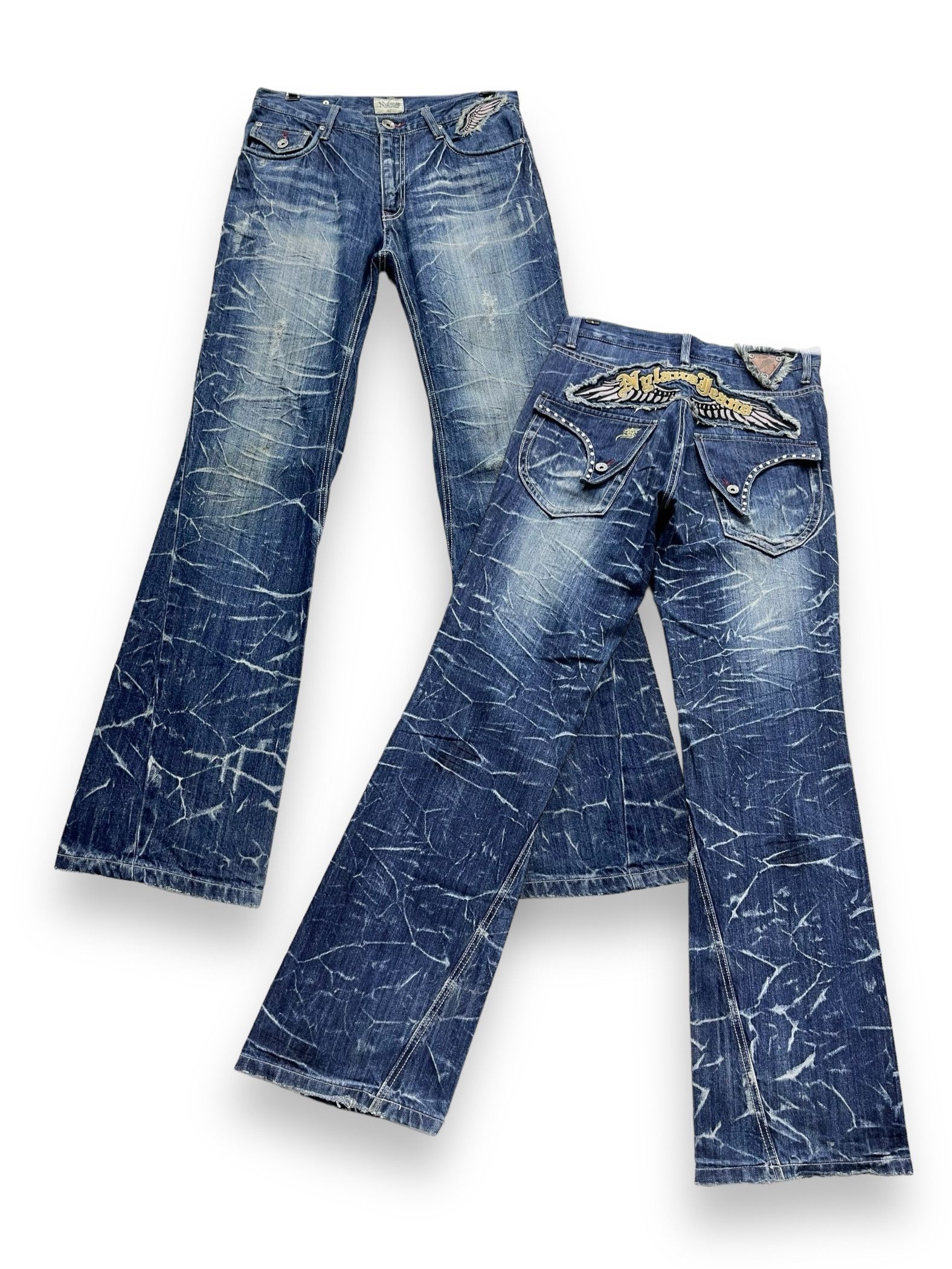 Fashion Victim NYLAUS Long Flap Studded Embroidery Winged Acid Wash Flared Size US 31 - 2 Thumbnail