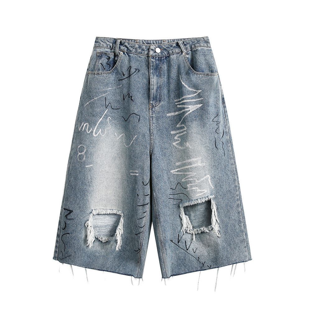 Japanese Brand × Jean Punk distressed washed raw edge graffiti ripped denim shorts Size US 32 / EU 48 - 1 Thumbnail