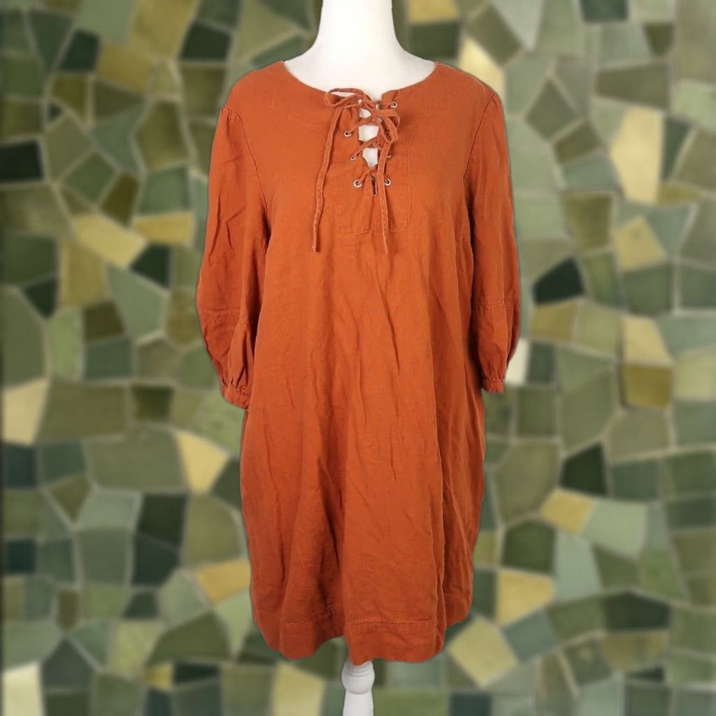 Vintage Who What Wear dress rust orange lace-up linen blend mini L Size L / US 10 / IT 46 - 1 Thumbnail