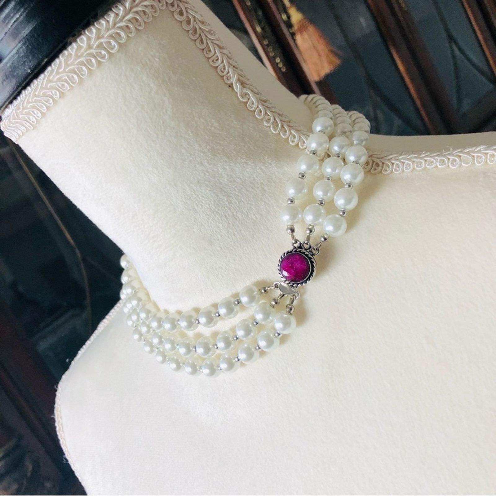 Handmade Handcrafted triple strand Pearl genuine ruby necklace Size ONE SIZE - 1 Thumbnail