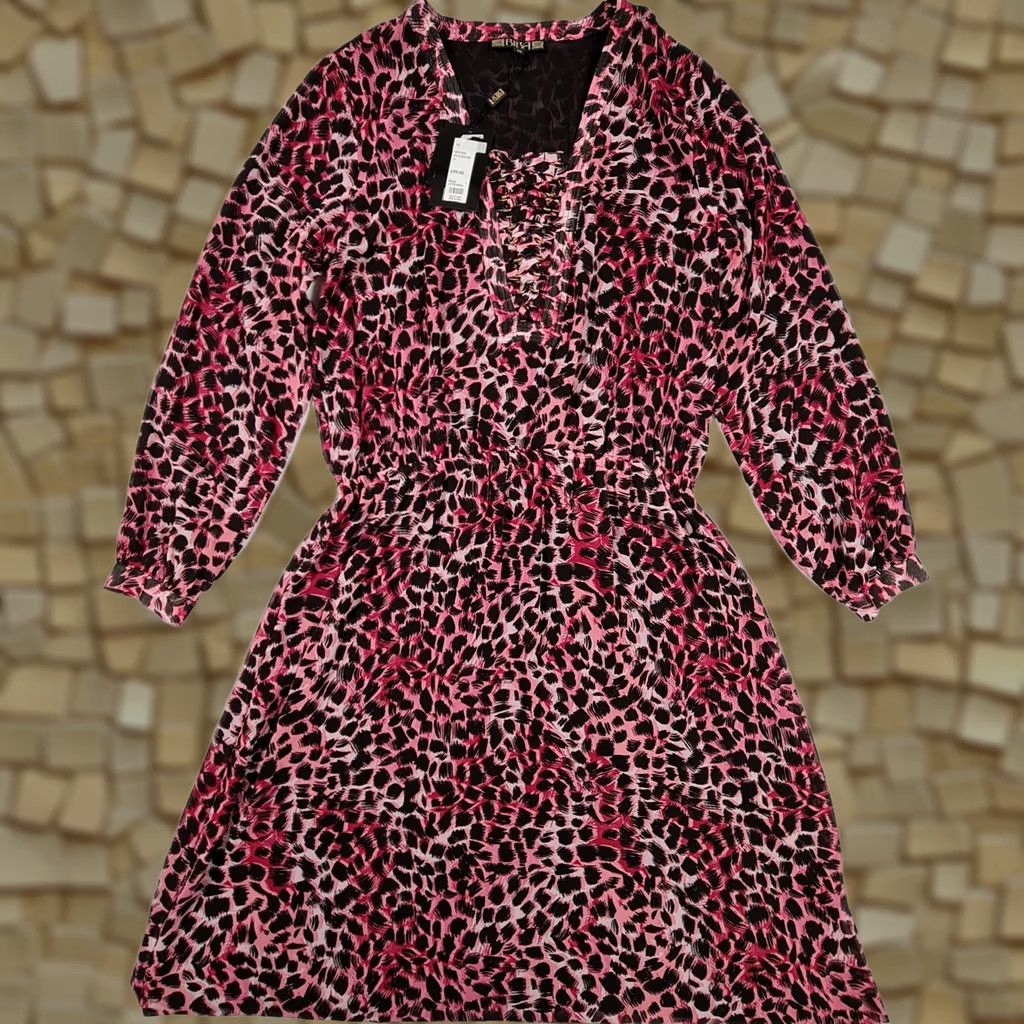Vintage Biba Womens Midi Dress Pink 14 UK Long Sleeve Tiger Animal Print A-Line Dress Ladies Size XL / US 12-14 / IT 48-50 - 1 Thumbnail