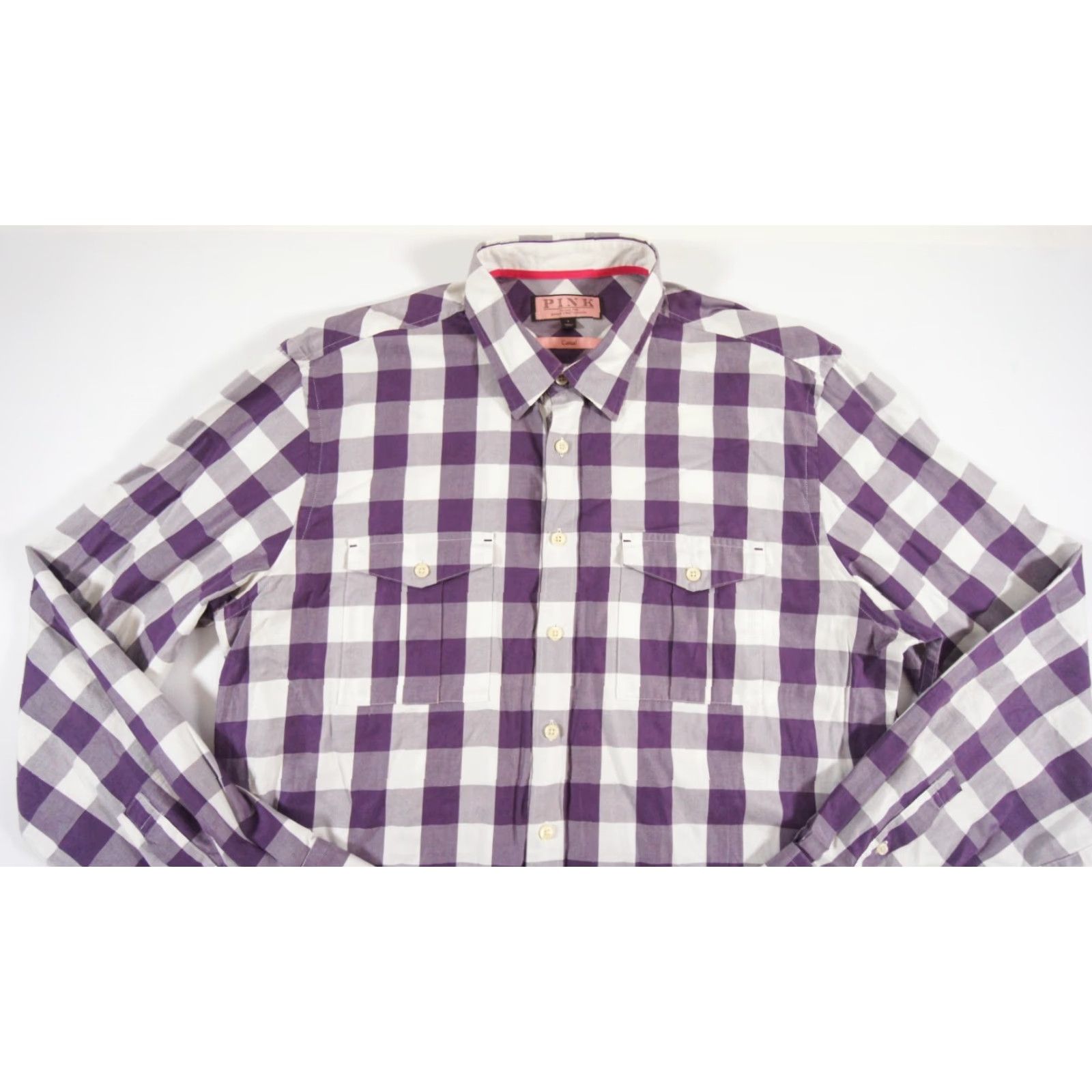 Pinko Thomas Pink Shirt Large Purple Plaid Button-Up Long Sleeve Cotton Mens Size US L / EU 52-54 / 3 - 2 Thumbnail