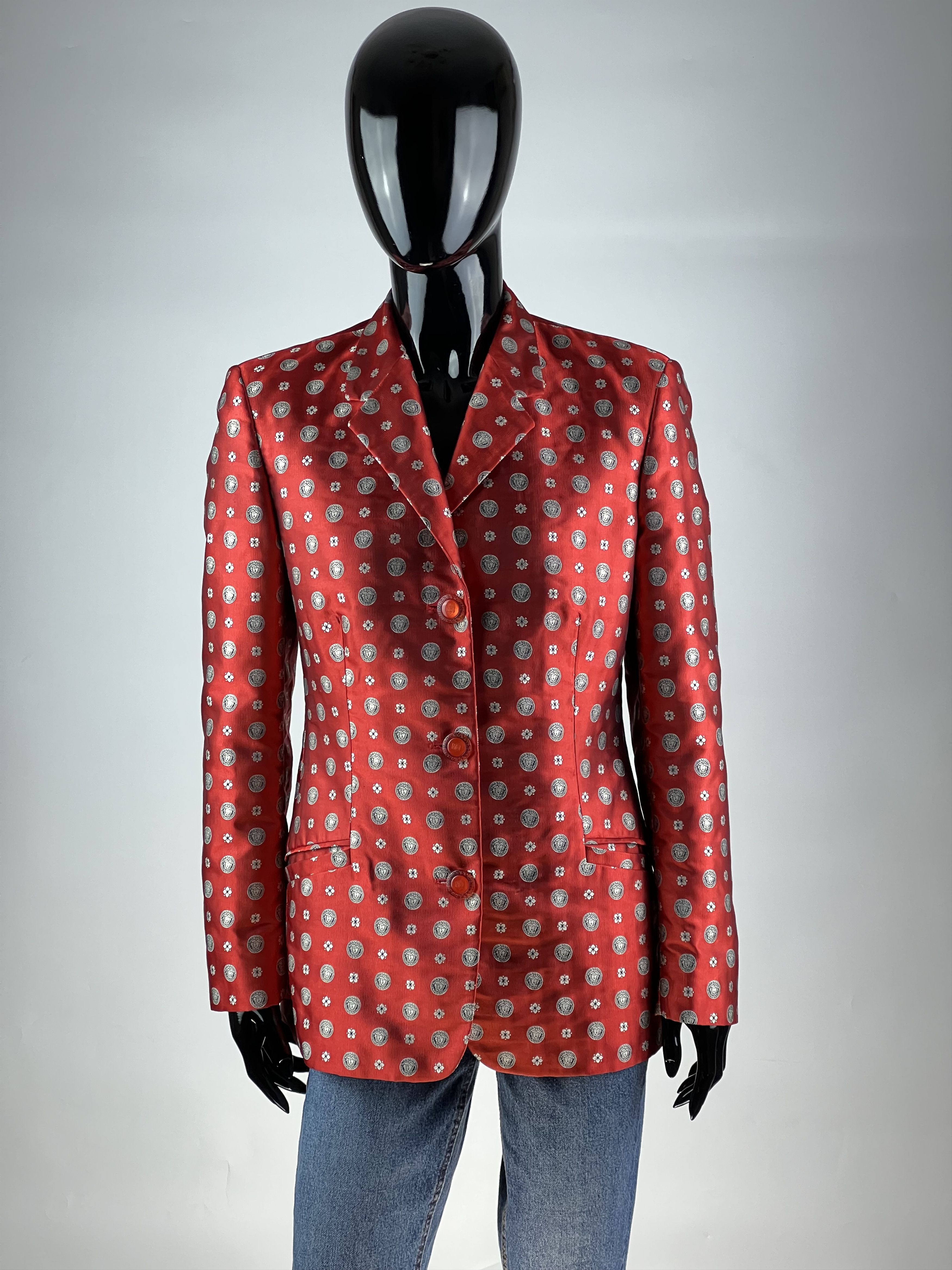 Versace Classic V2 Medusa Logo Full Print Silk Blazer US6
