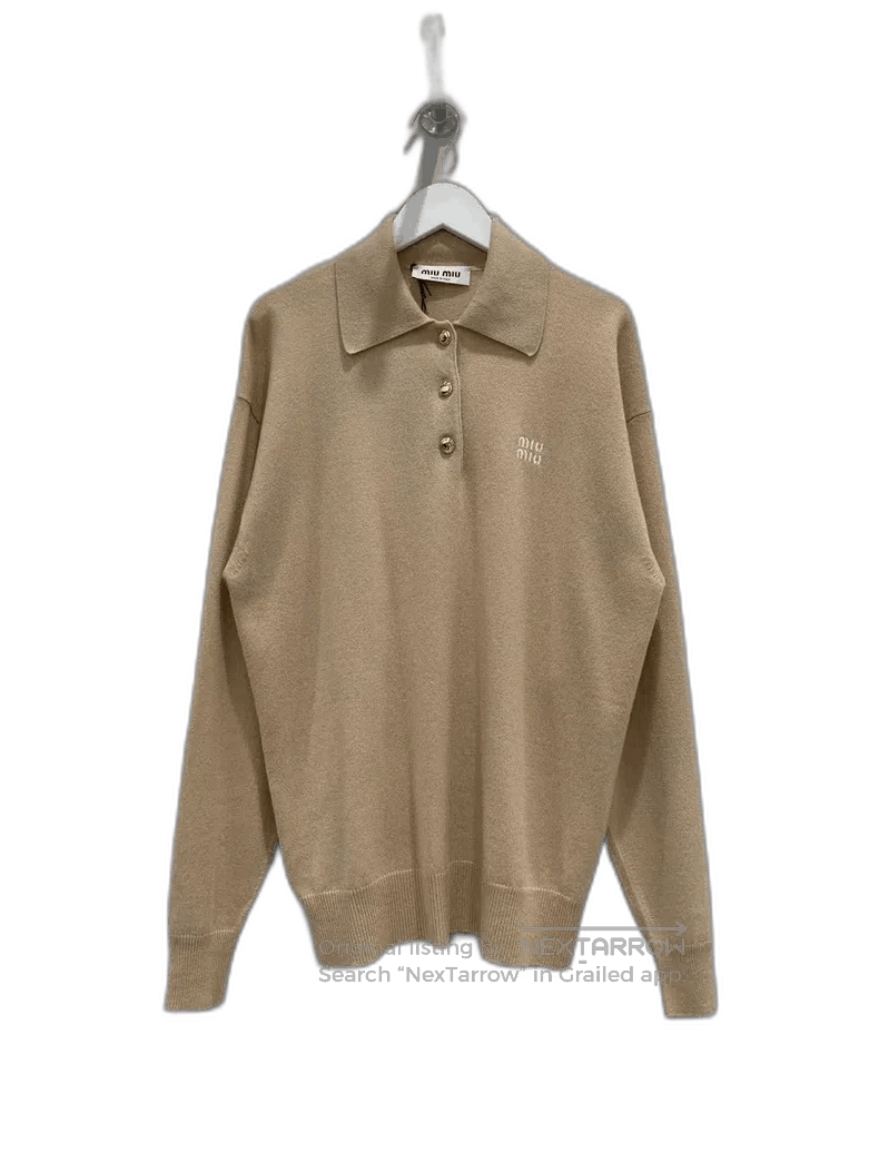 Miu Miu Beige Cashmere Knit Long Sleeve Polo.